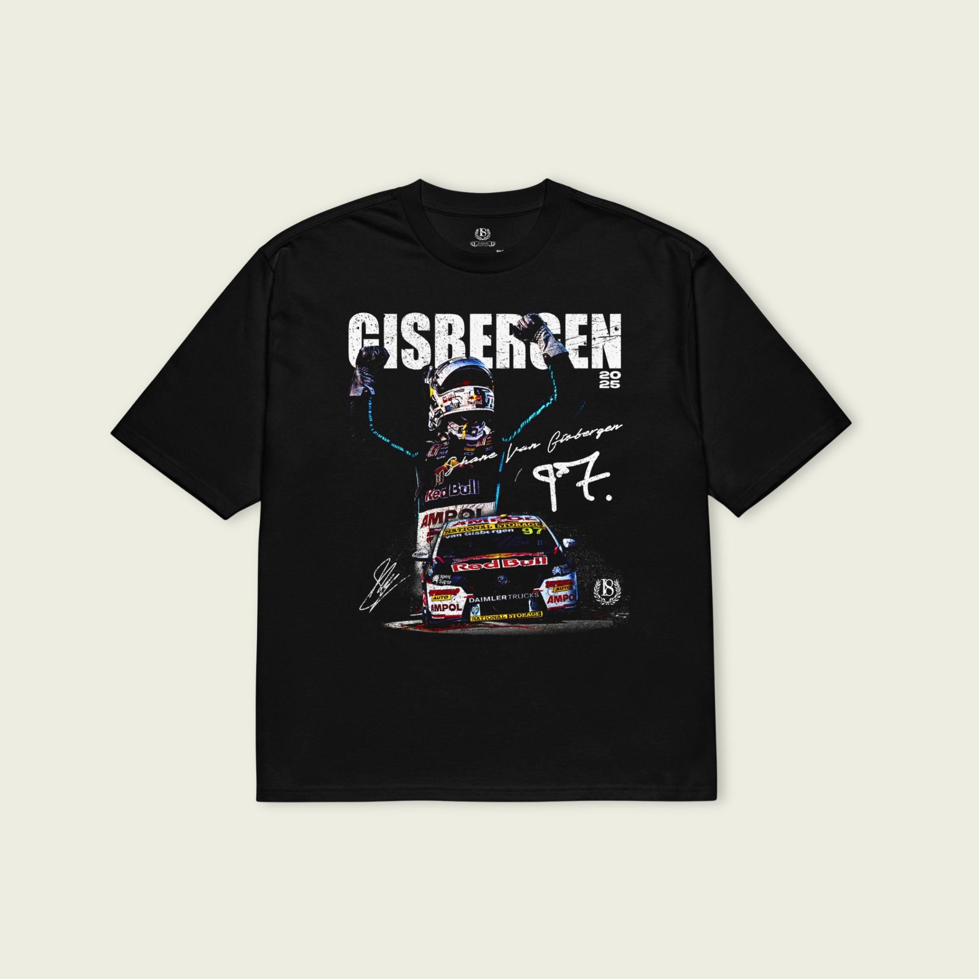 Black t-shirt with racing graphic and text on a beige background