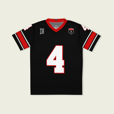 A black and red football jersey with David Malukas Indycar racing number 4 in white with a red outline.
