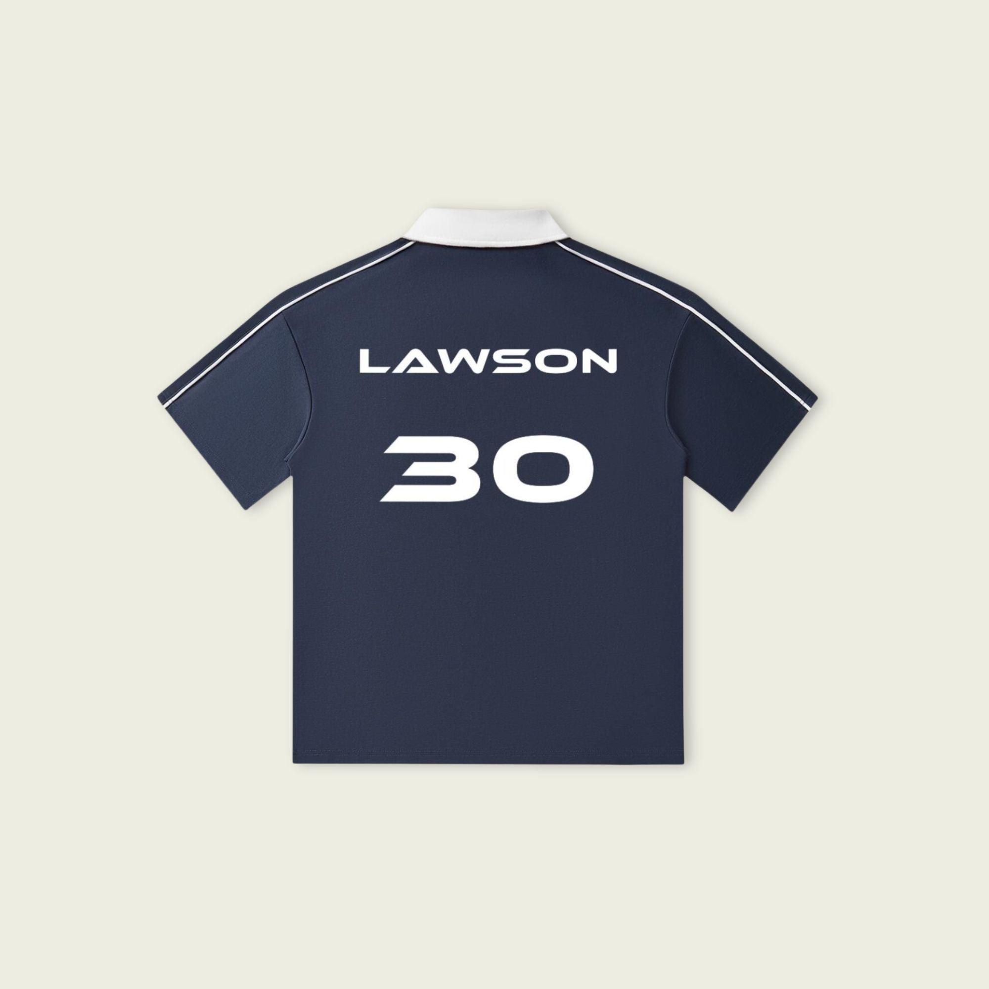Navy blue sports jersey with 'Lawson 30' printed on the back against a beige background