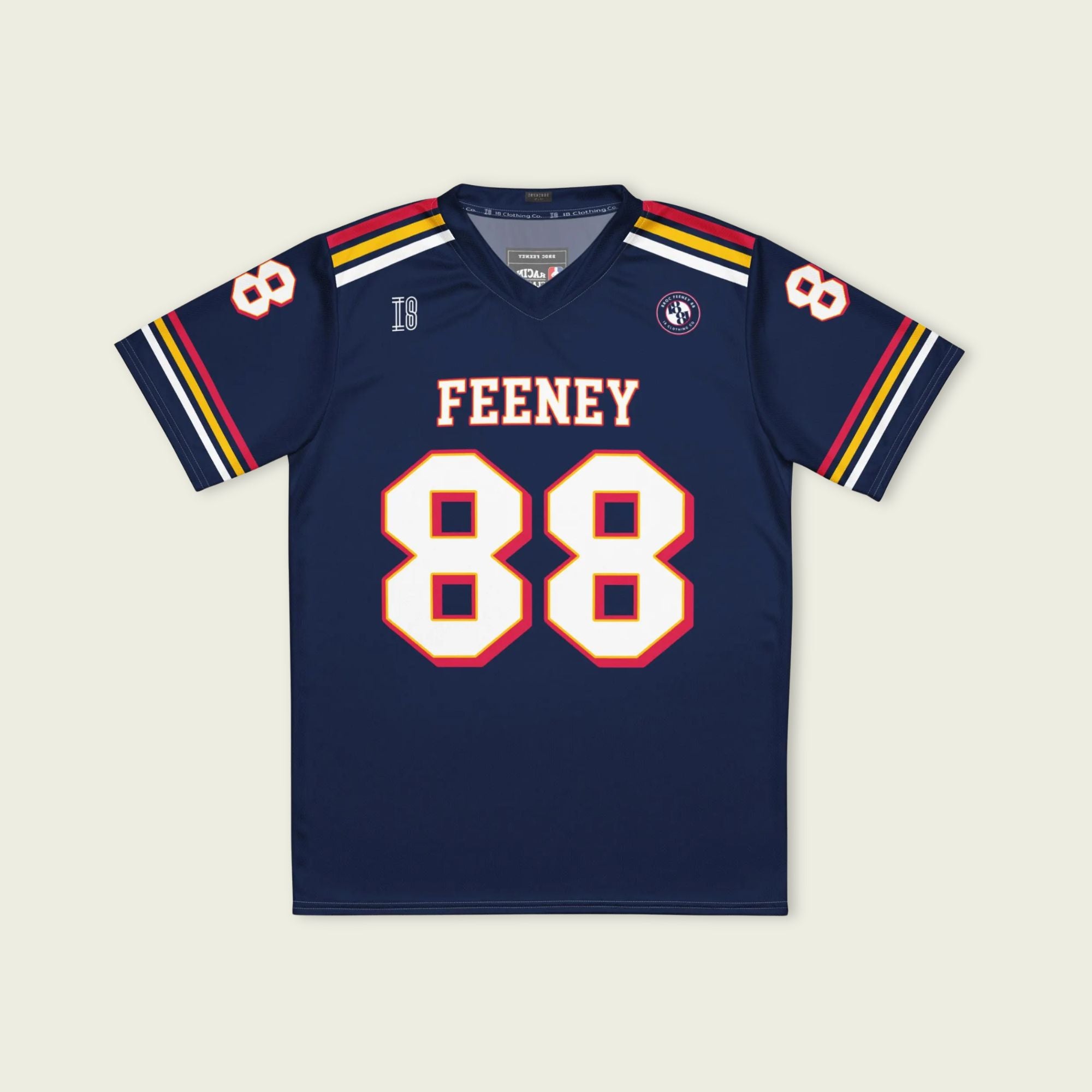 Navy blue sports jersey with 'Feeney 88' on a beige background
