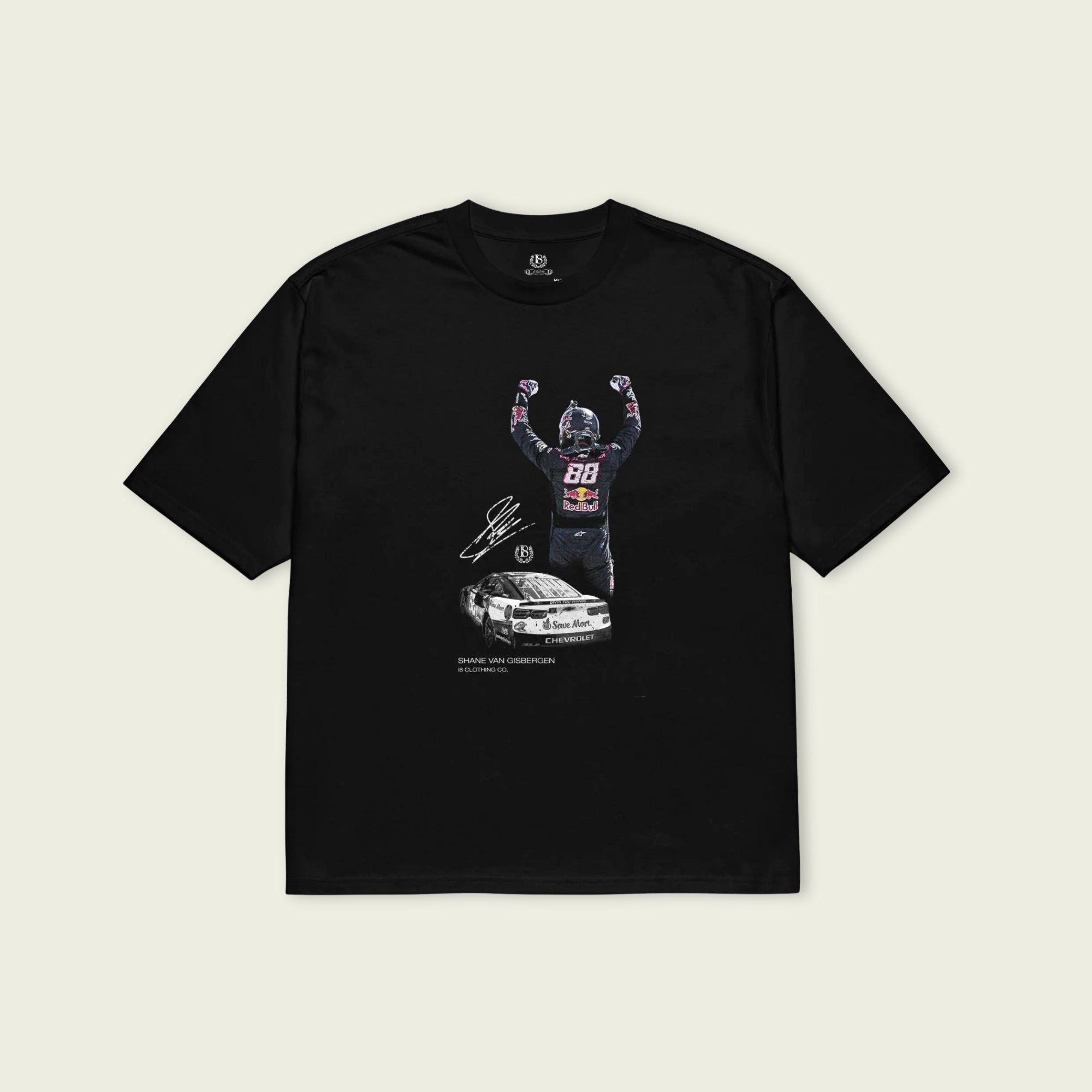 Black t-shirt with graphic design of a person and car on a beige background