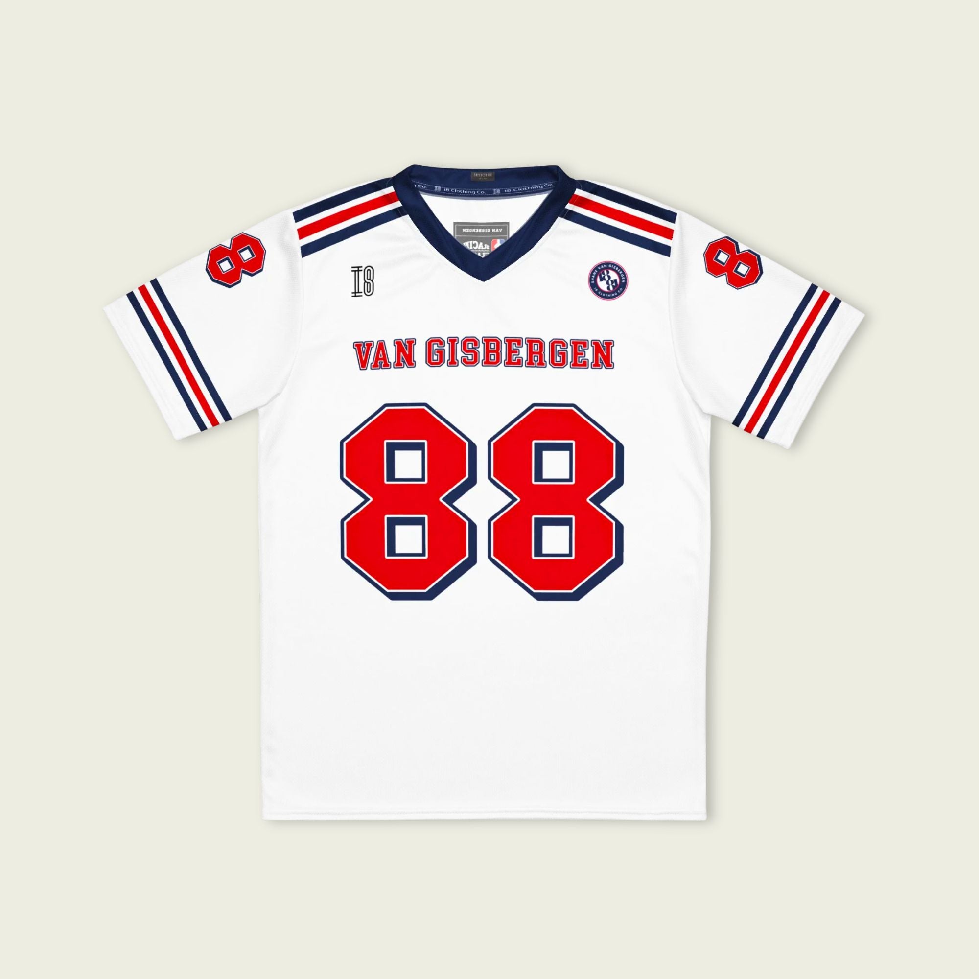 White sports jersey with red and blue accents, featuring the name 'Van Gisbergen' and number '88'.
