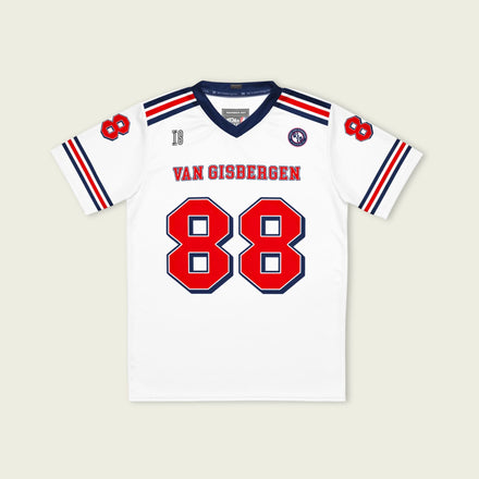 White sports jersey with red and blue accents, featuring the name 'Van Gisbergen' and number '88'.