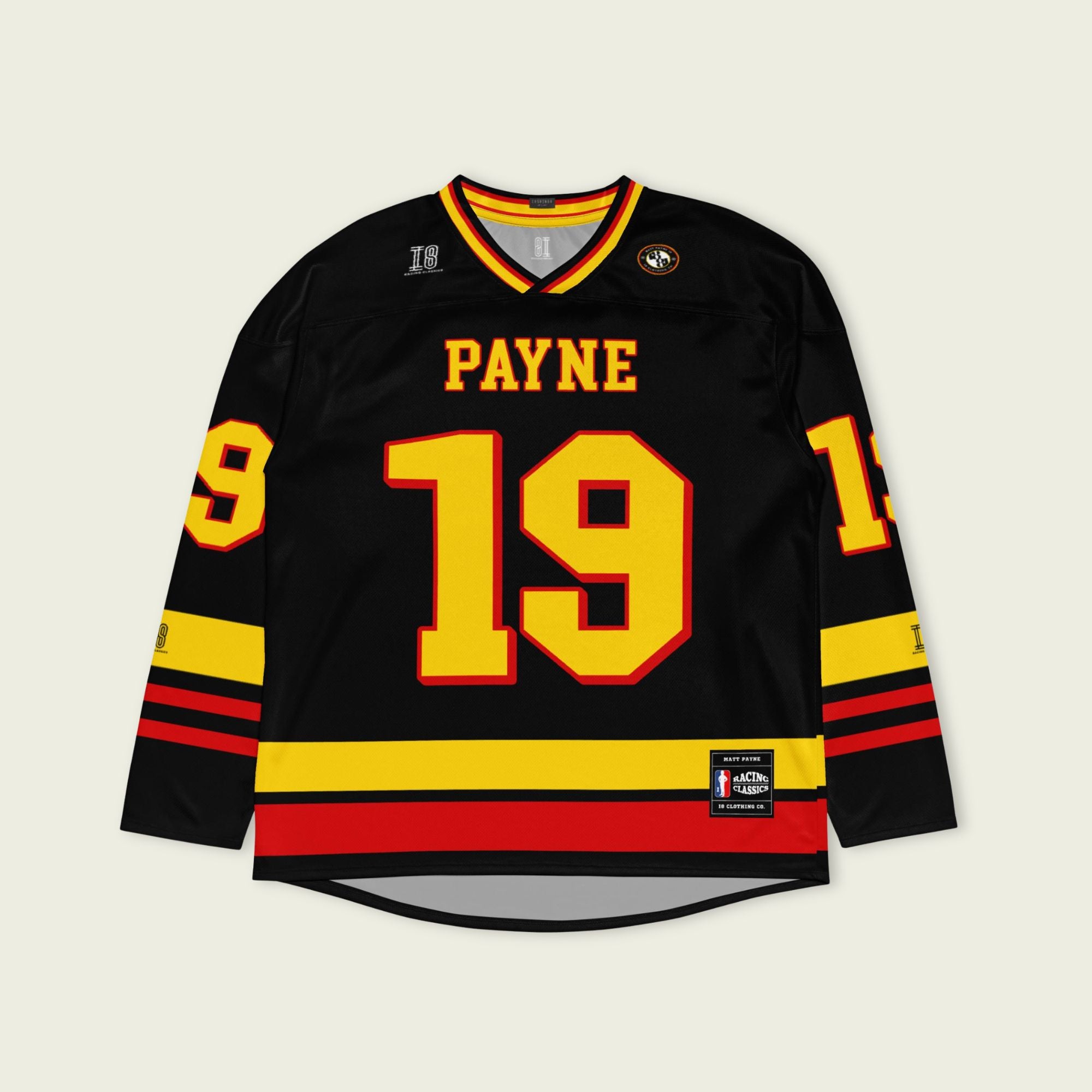 Black hockey jersey with yellow and red accents featuring the name 'Payne' and number '19'.