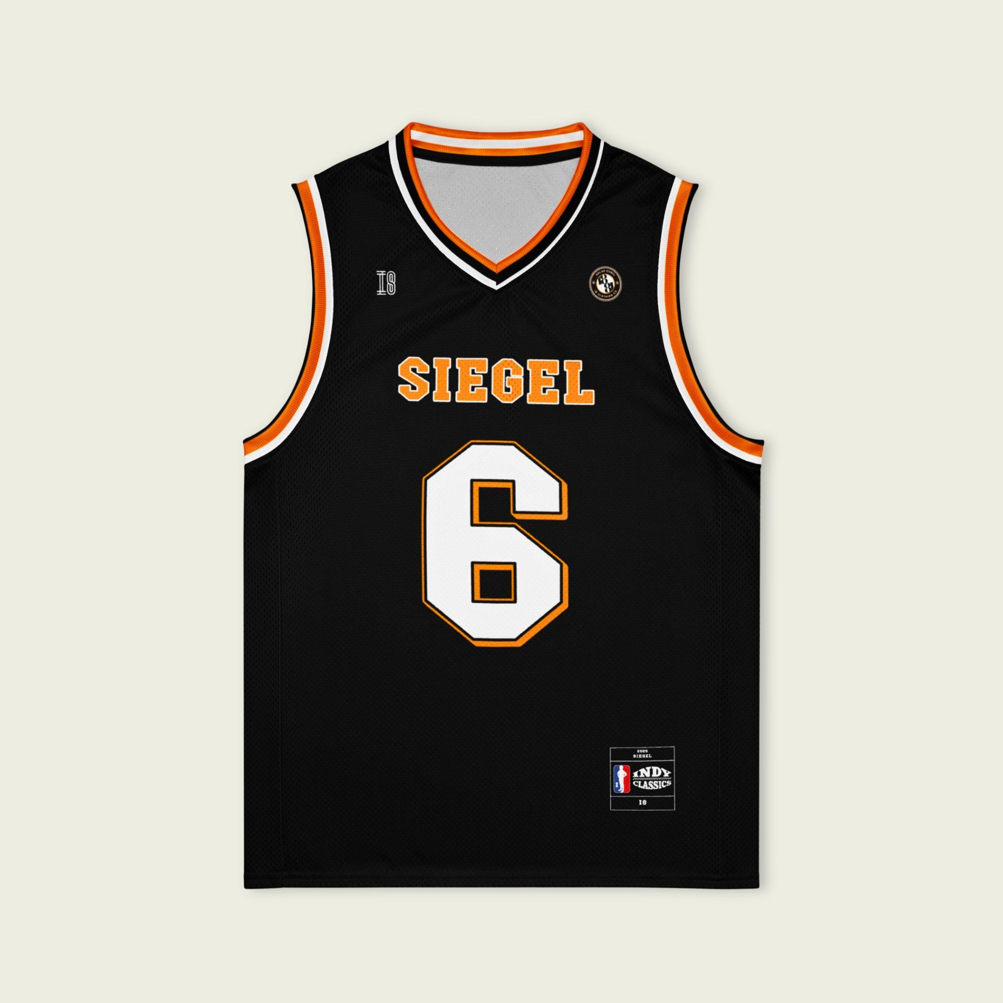 Black basketball jersey with 'SIEGEL' and number '6' on a beige background