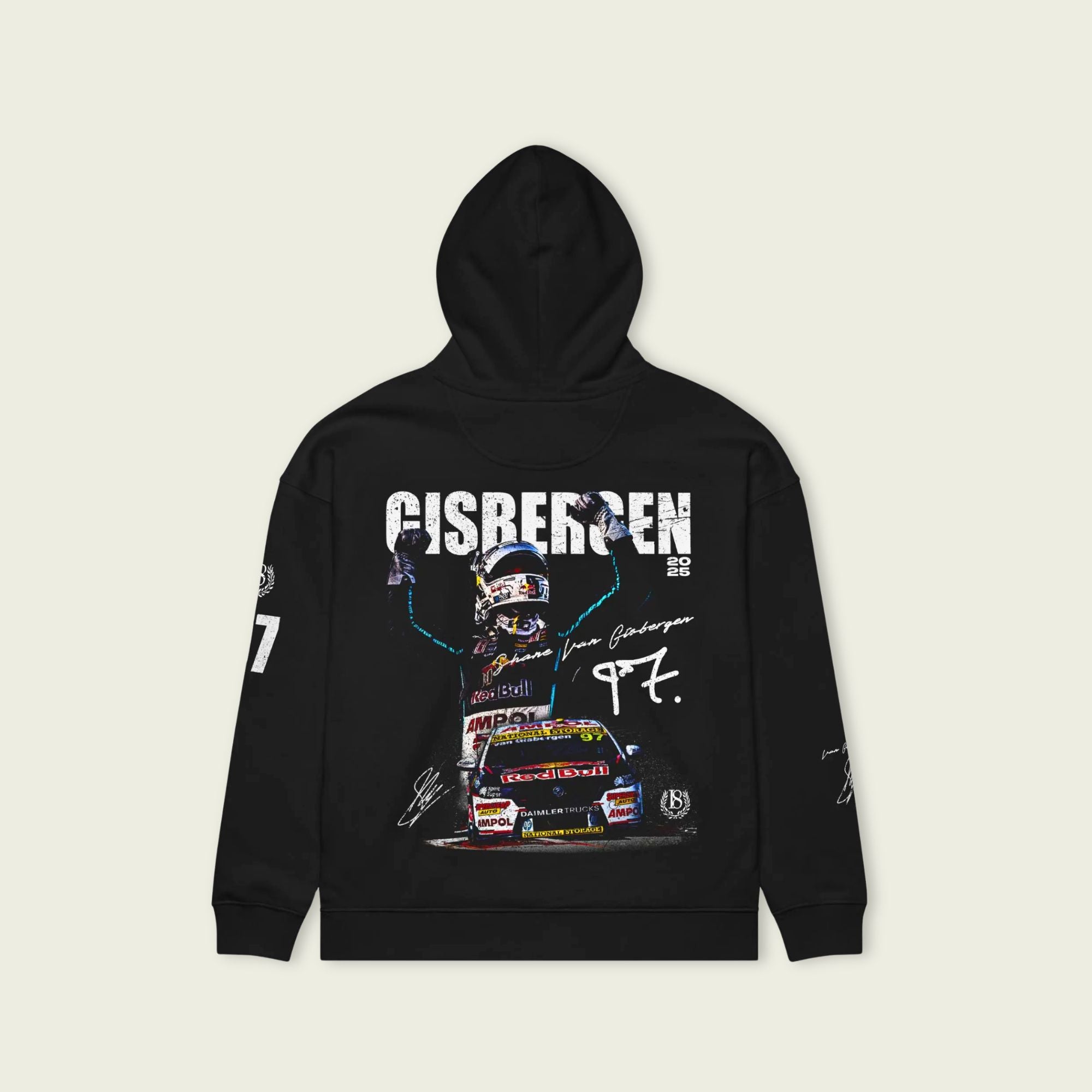 Black hoodie with racing-themed design on a beige background