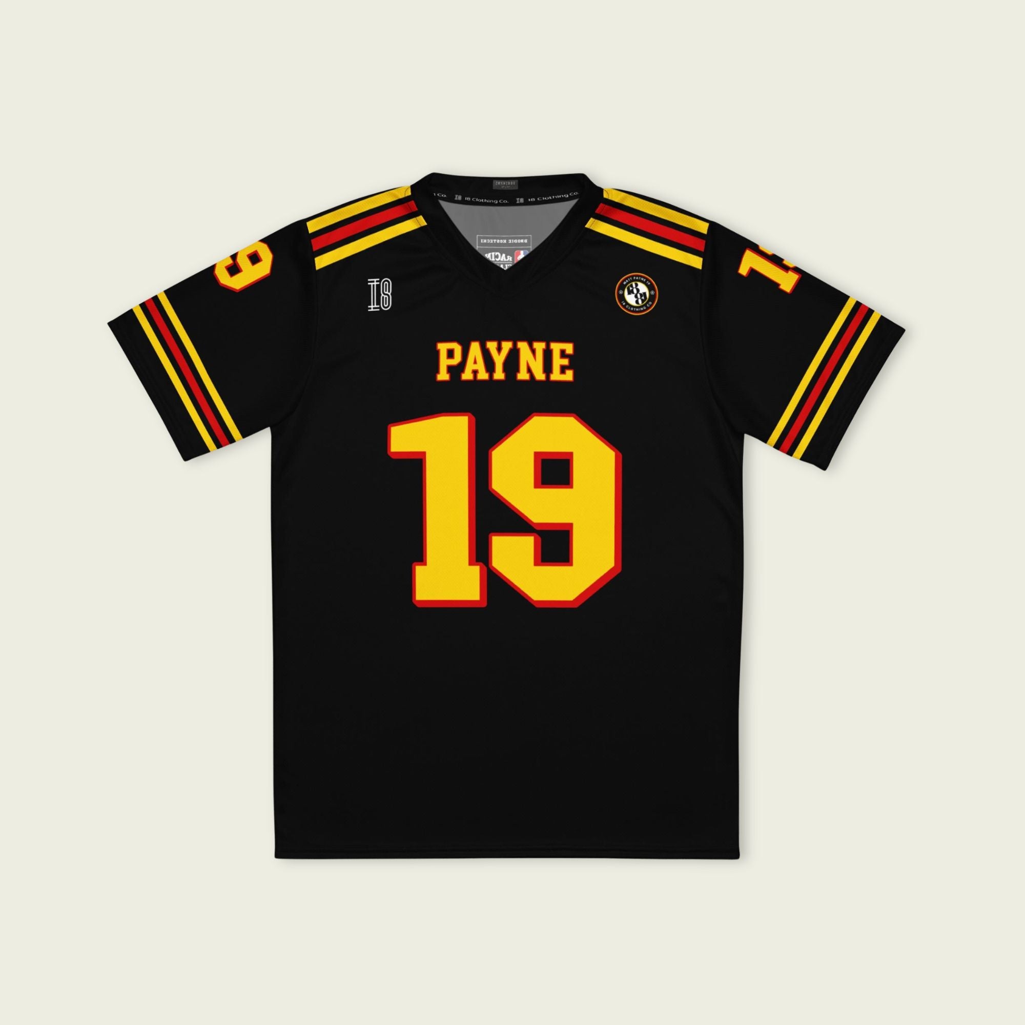 Black sports jersey with yellow and red accents, featuring the name 'Payne' and number '19'.