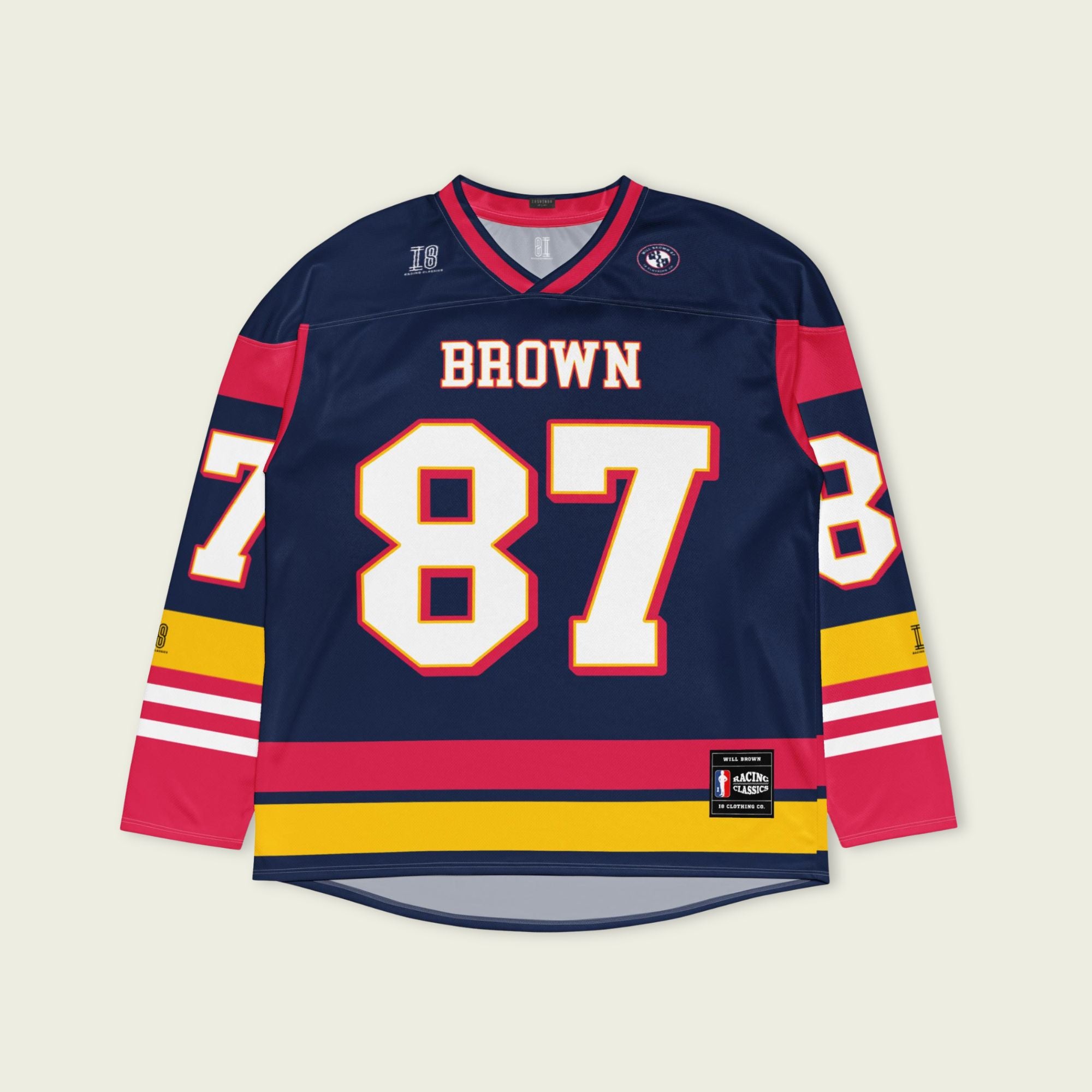 Hockey jersey with 'Brown' and number '87' on a beige background