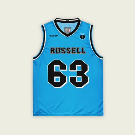 a blue basketball jersey with George Russell's f1 racing number on the front and back in black.