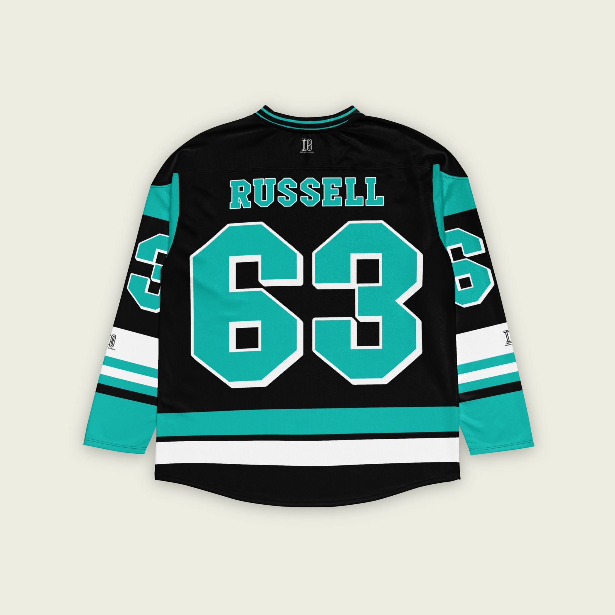 A black, green, and white hockey jersey with George Russells Mercedes F1 Racing number 63 in green on the front and back.