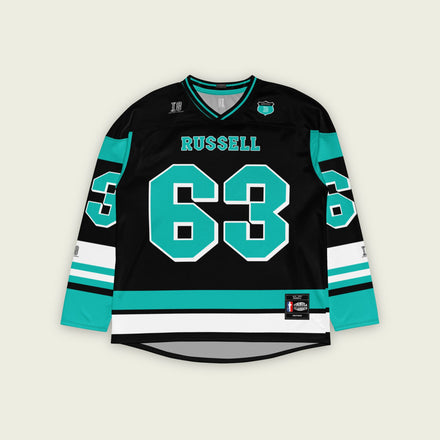 A black, green, and white hockey jersey with George Russells Mercedes F1 Racing number 63 in green on the front and back.
