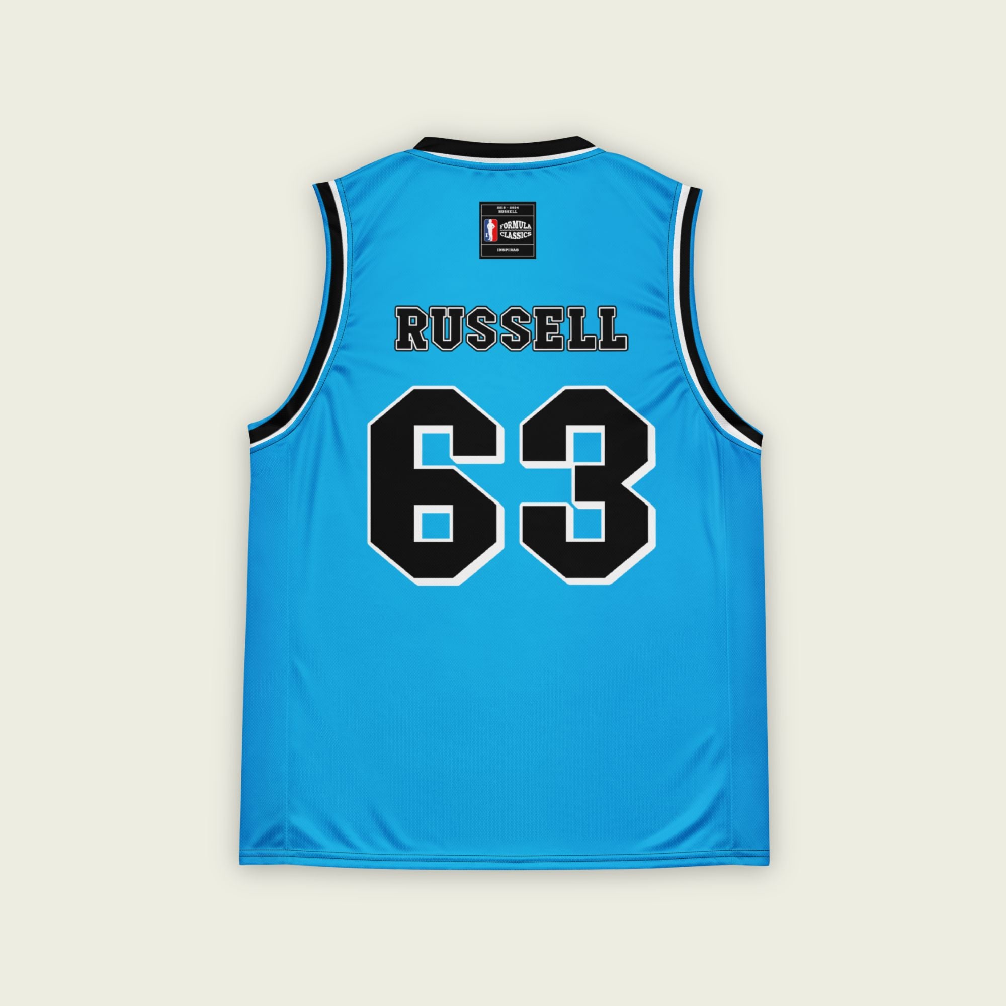 a blue basketball jersey with George Russell's f1 racing number on the front and back in black.