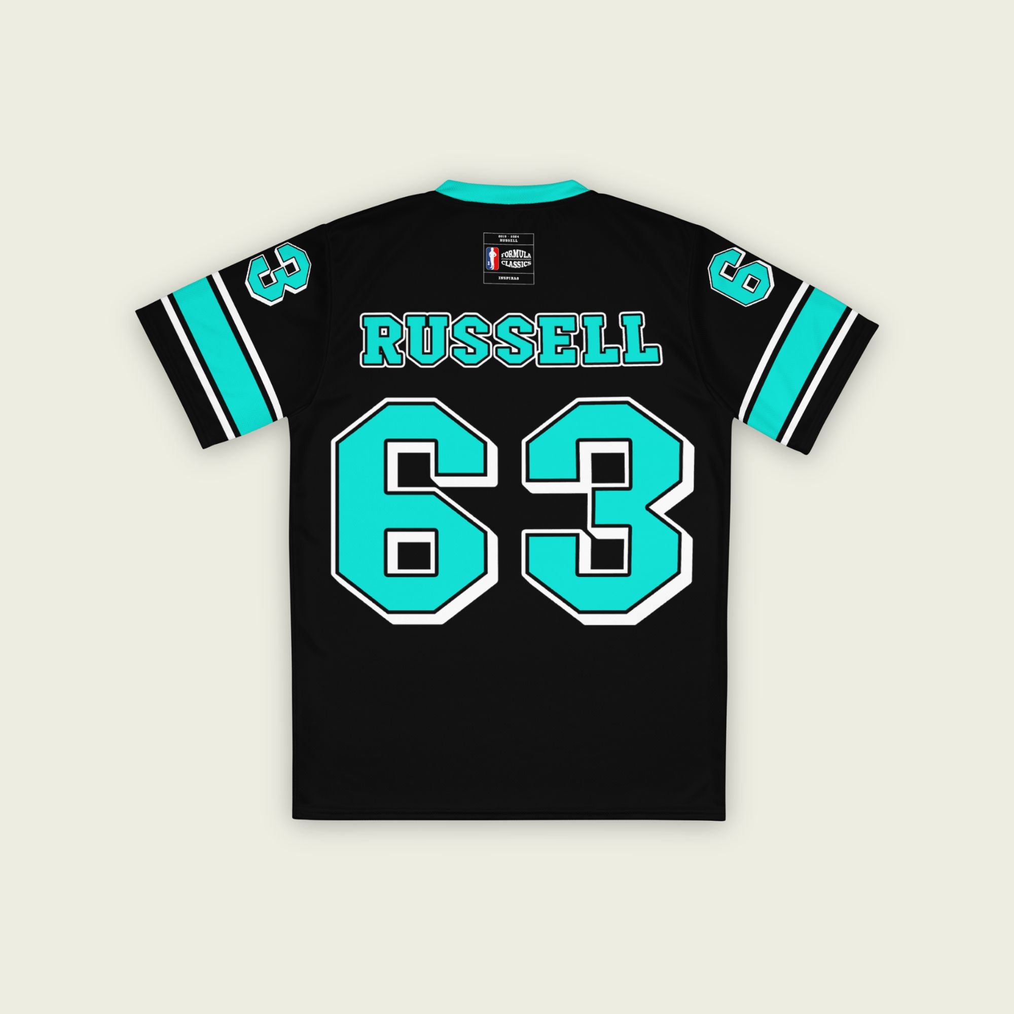 A black and highlight green football jersey with George Russell's Mercedes F1 racing number 63 on the front and back. The name Russell is on the front and back.
