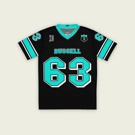 A black and highlight green football jersey with George Russell's Mercedes F1 racing number 63 on the front and back. The name Russell is on the front and back.