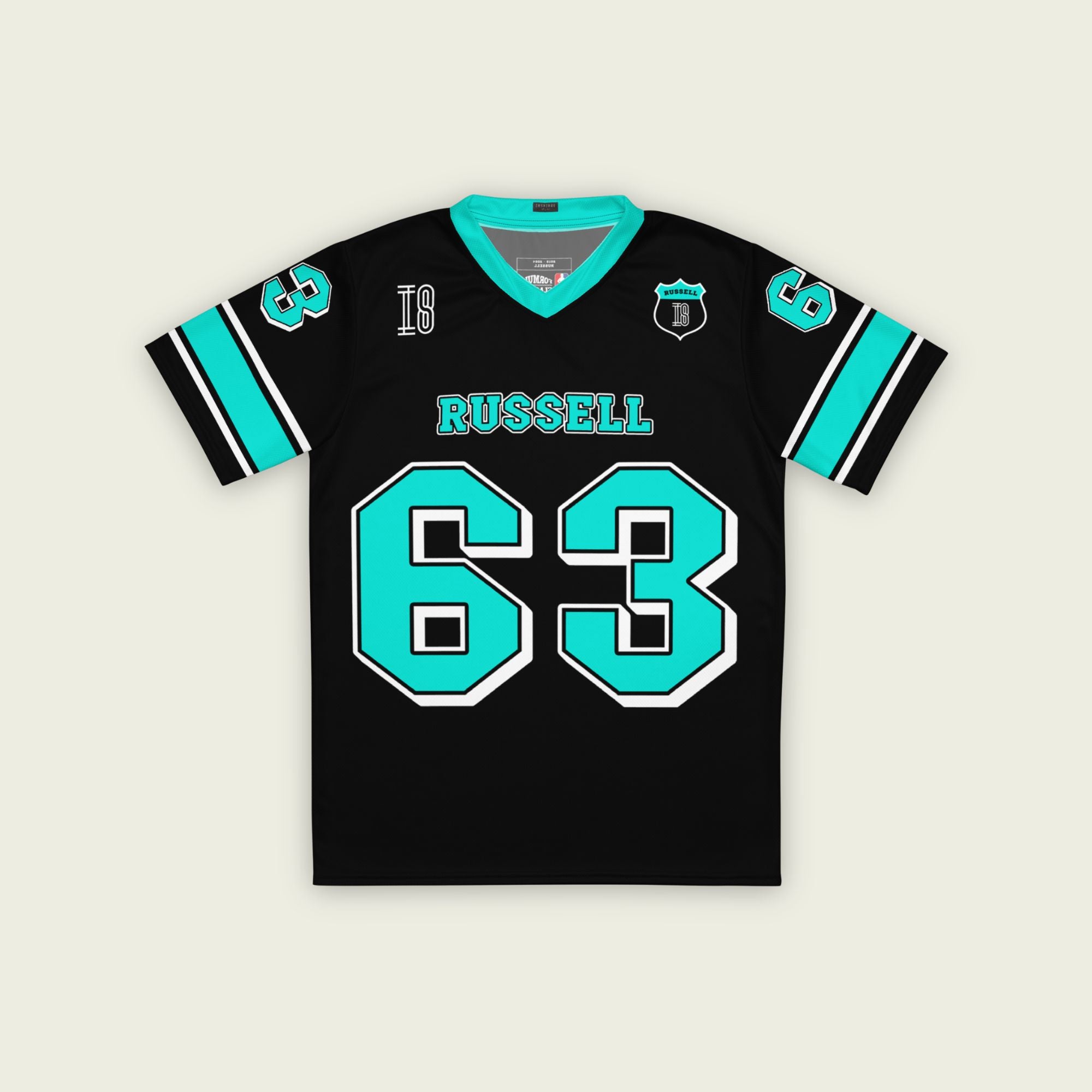 A black and highlight green football jersey with George Russell's Mercedes F1 racing number 63 on the front and back. The name Russell is on the front and back.