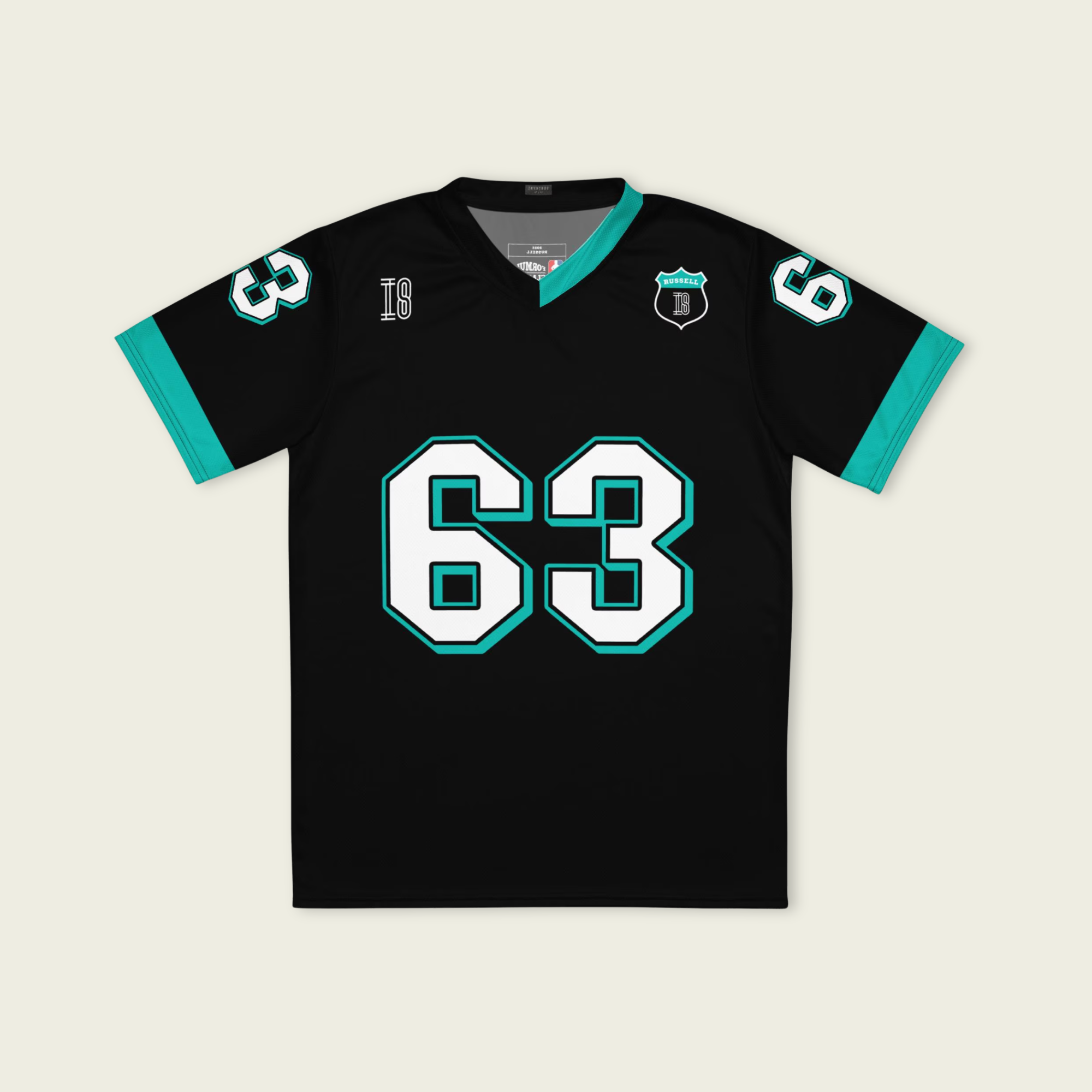 A black and AMG Green football jersey with George Russell's Mercedes F1 racing number 63 on the back and front in white. It has the name Russell in green on the front and back as well.