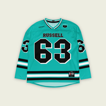 A green hockey jersey with three stipes on the bottom the middle one is white and the bottom and top are black. It has the number 63 that George Russell races with in F1 that is filled with black and a white outline, it is displayed on the back and front. Also there is text on the front and back "Russell"
