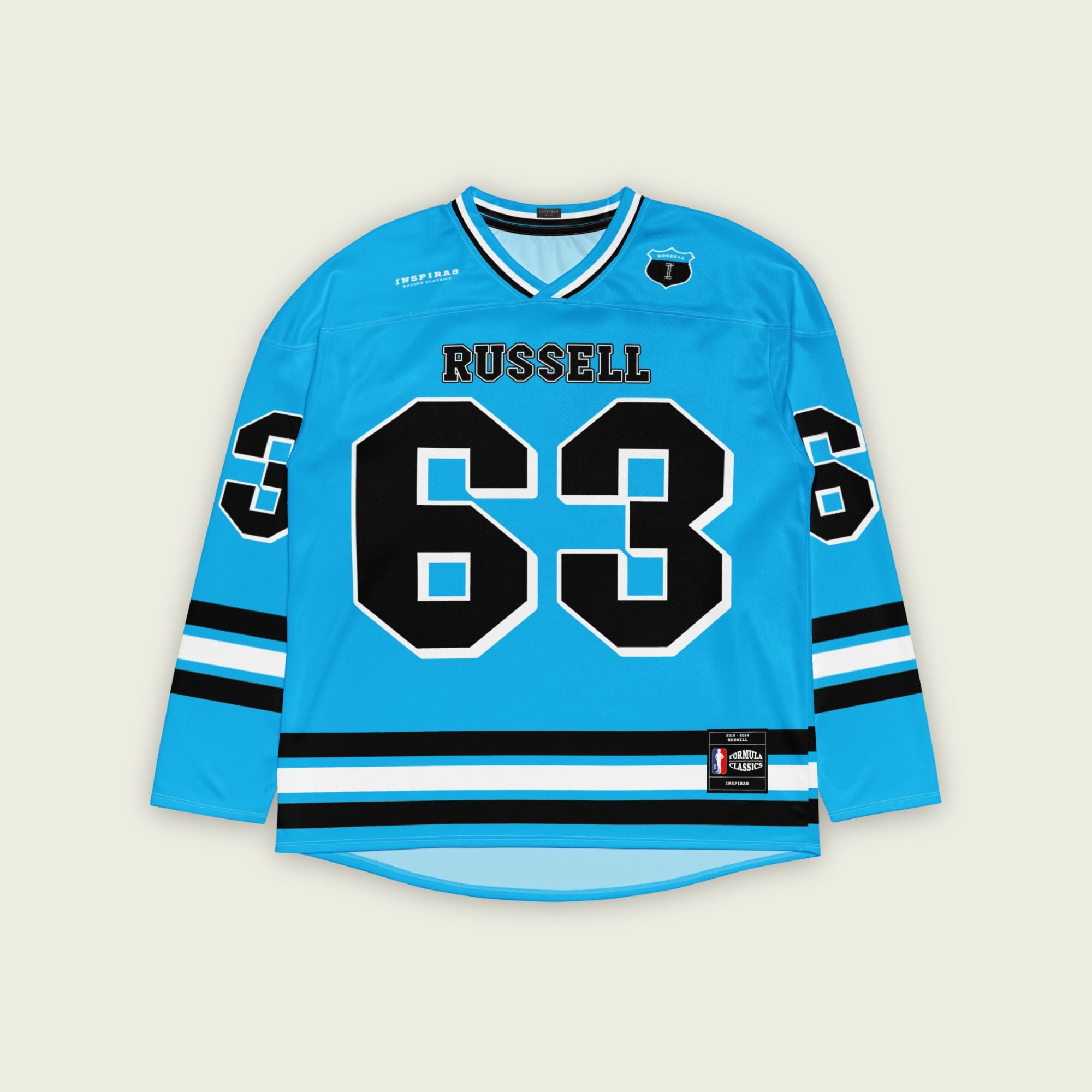A blue hockey jersey with three stipes on the bottom the middle one is white and the bottom and top are black. It has the number 63 that George Russell races with in F1 that is filled with black and a white outline, it is displayed on the back and front. Also there is text on the front and back