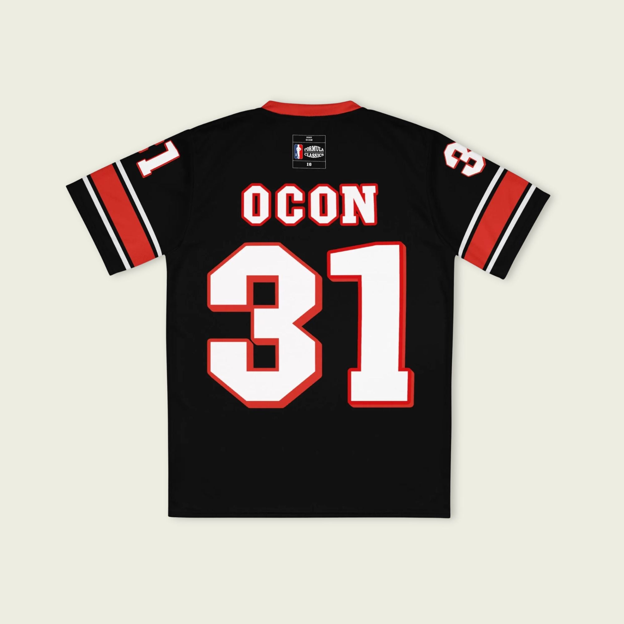 A black and red football jersey with Ocon's Haas F1 Racing number 31 in white on the front and back.