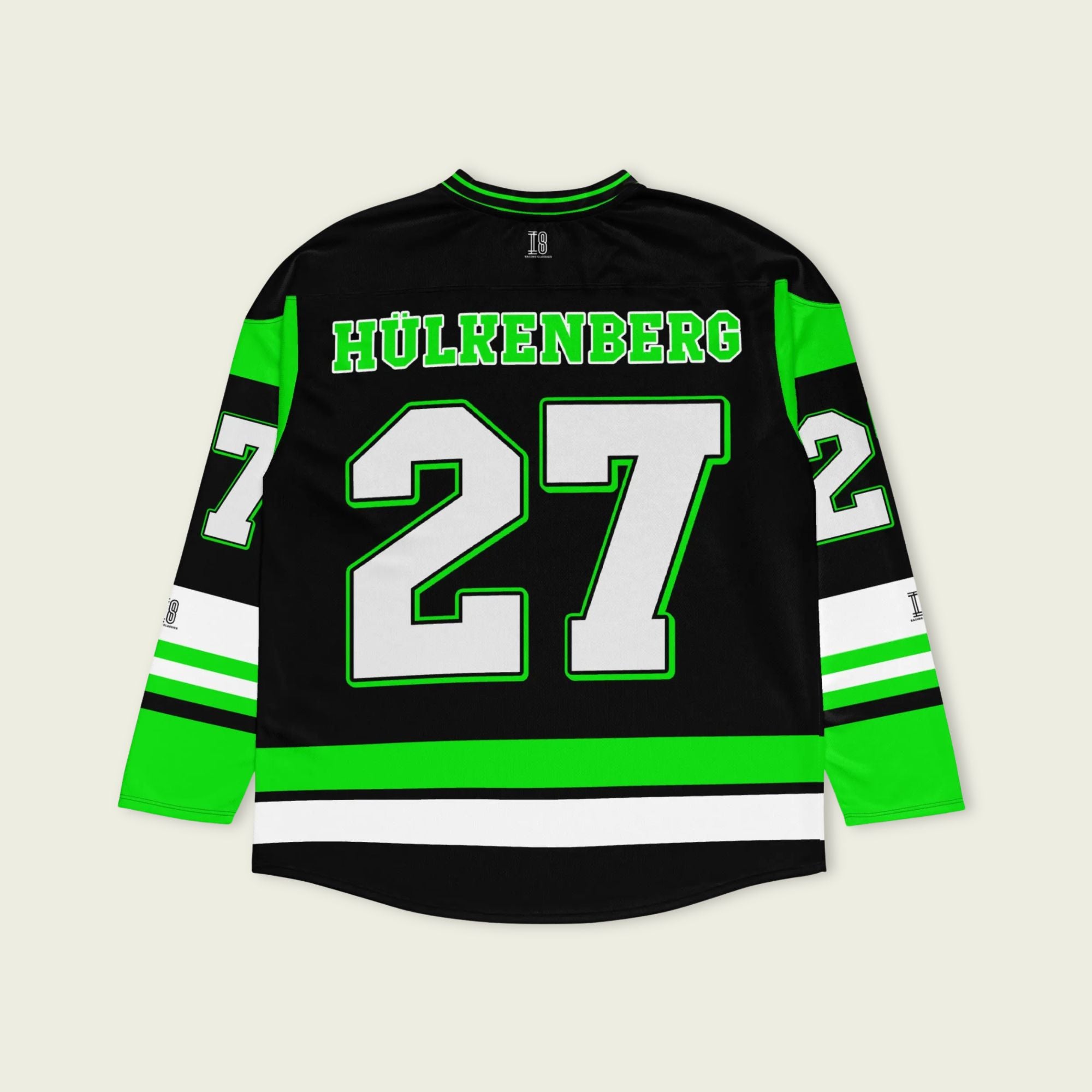 A green and black hockey jersey with Nico Hulkenberg Kick Stake F1 racing number 527 in green on the front and back. It has the name Nico Hulkenberg on the back and front in green as well.