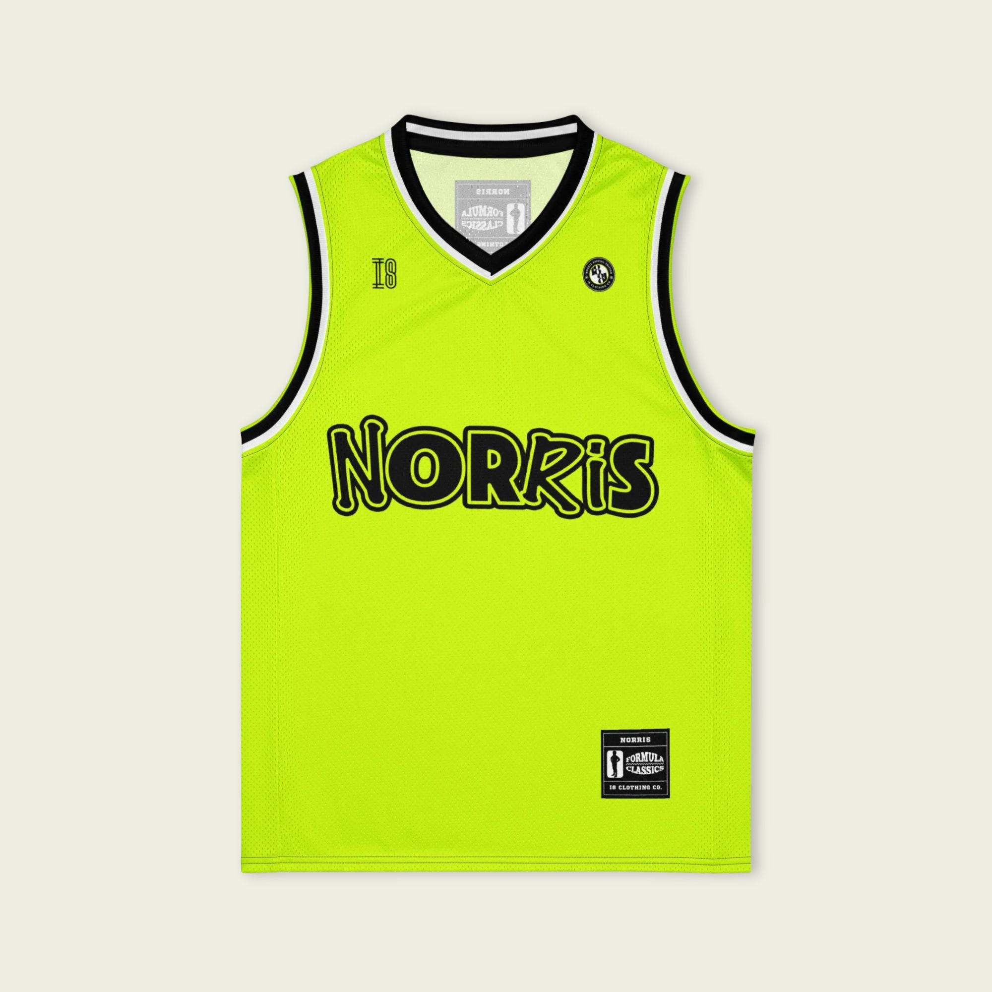 A neon green and black basketball Jersey with Lando Norris's McLaren F1 racing number 4 in balc and white on the back.