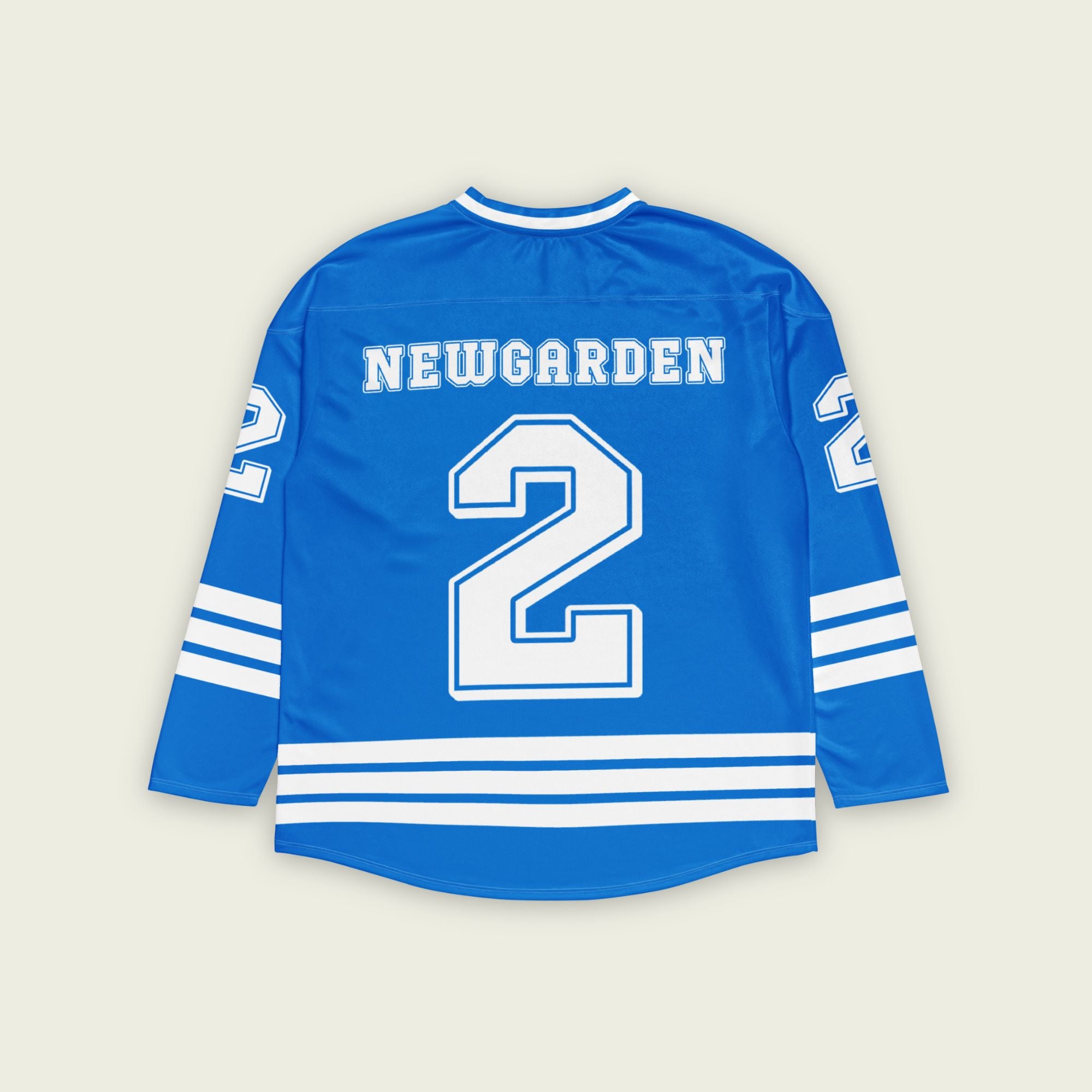 A blue hockey jersey with white and stripes. It has Newgarden's indycar racing number 2 and the name newgarden on the front and back in white.