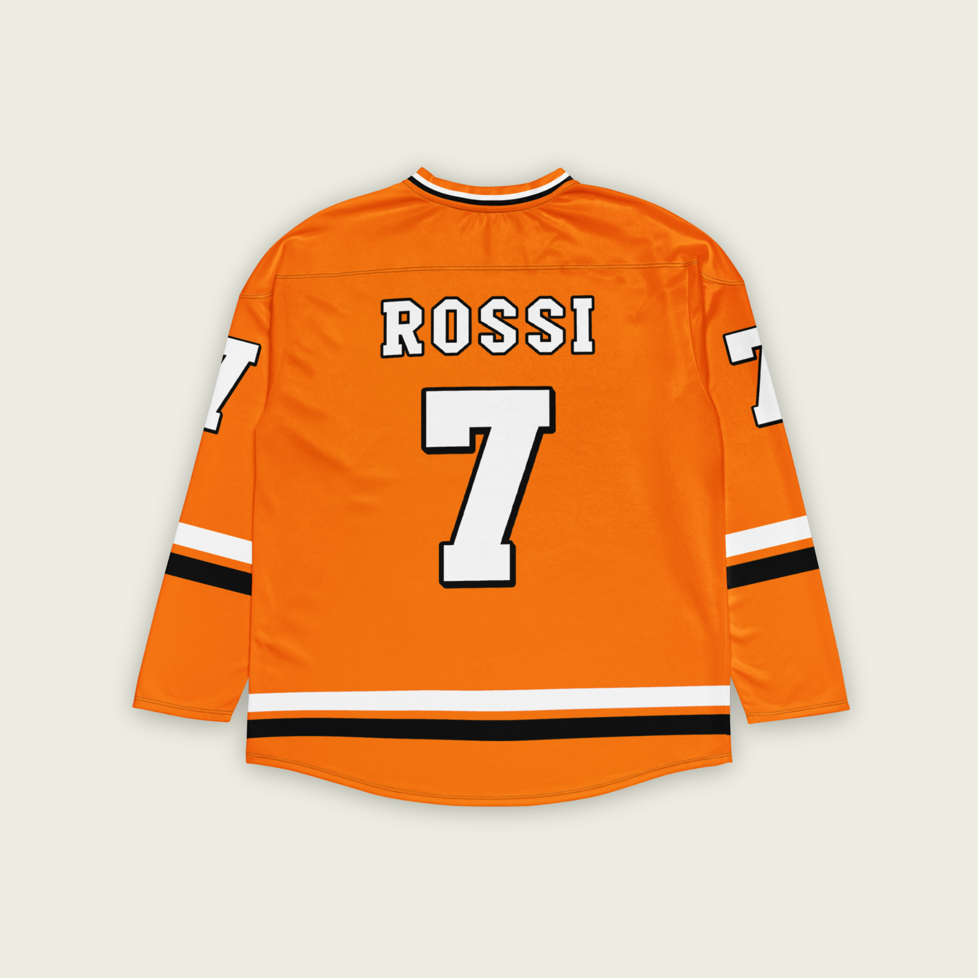 A papaya orange hockey Jersey with Alexander Rossi's Indycar racing number 7 in white on the front and back. The name rossi is on the front and back in white.