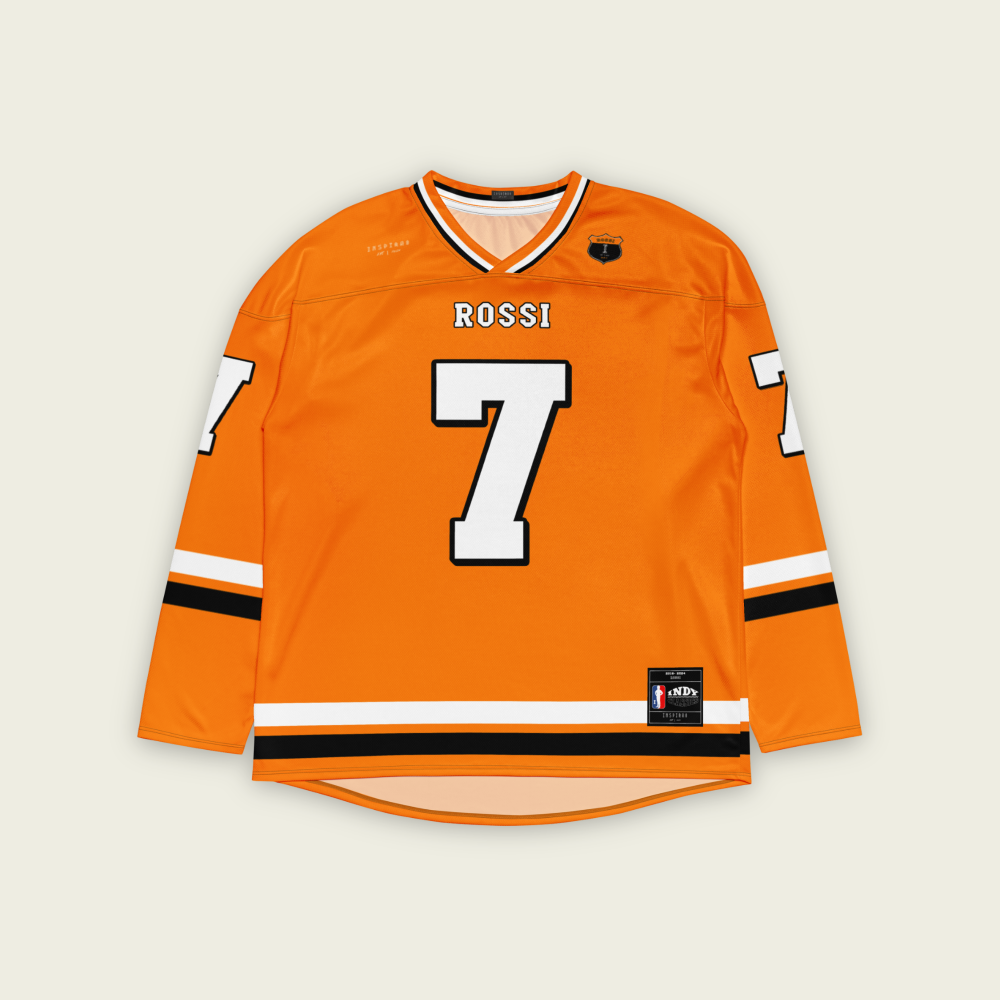 A papaya orange hockey Jersey with Alexander Rossi's Indycar racing number 7 in white on the front and back. The name rossi is on the front and back in white.