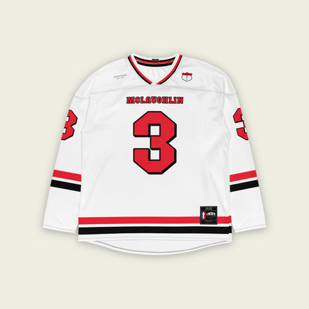 A white indycar hockey jersey with Scott McLaughlin's Racing number in red on the front and back