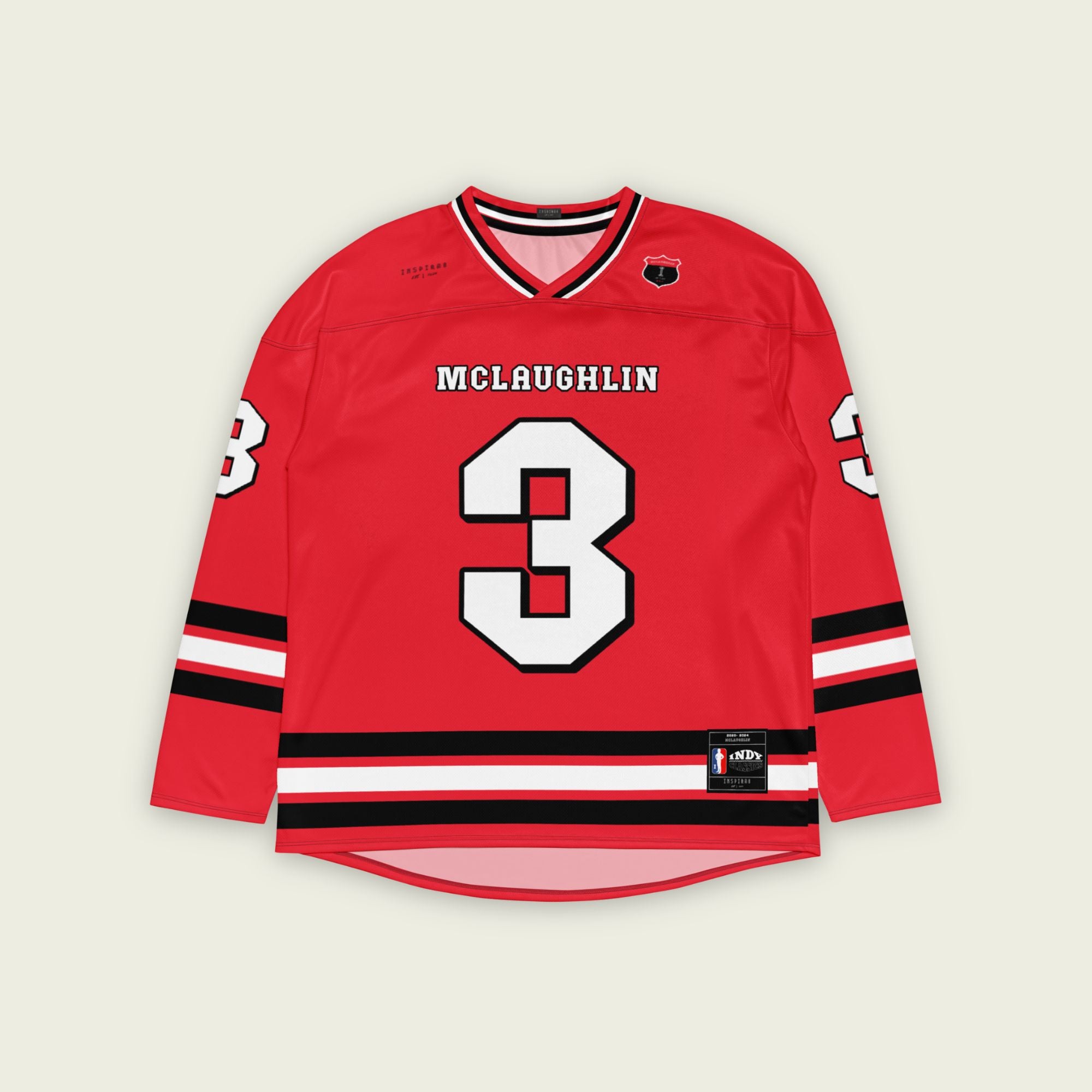 A red indycar hockey jersey with Scott McLaughlin's Racing number in white on the front and back