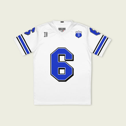 A white and blue football jersey with Isack Hadjars Redbull F1 Racing number 6 on the front and back.