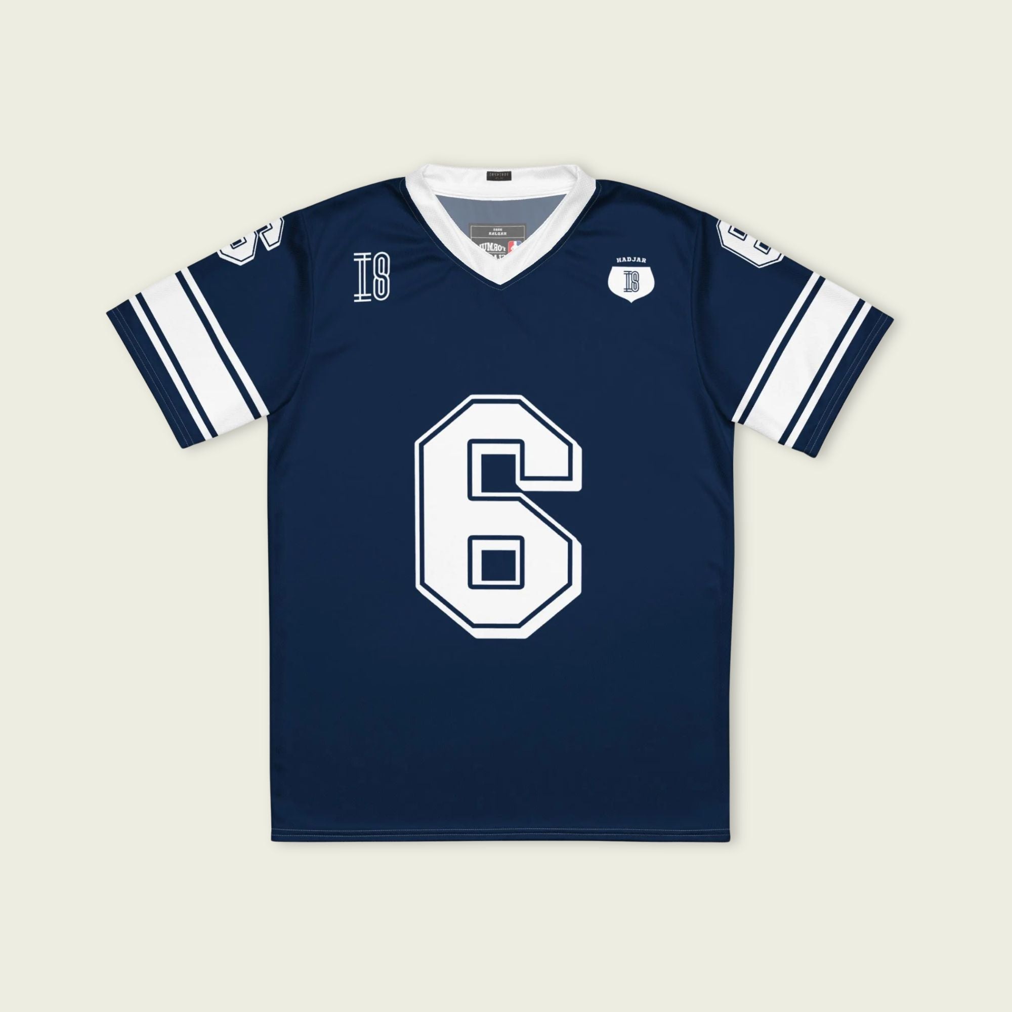 A navy blue football jersey with Isack Hadjars Redbull F1 Racing number 6 on the front and back.