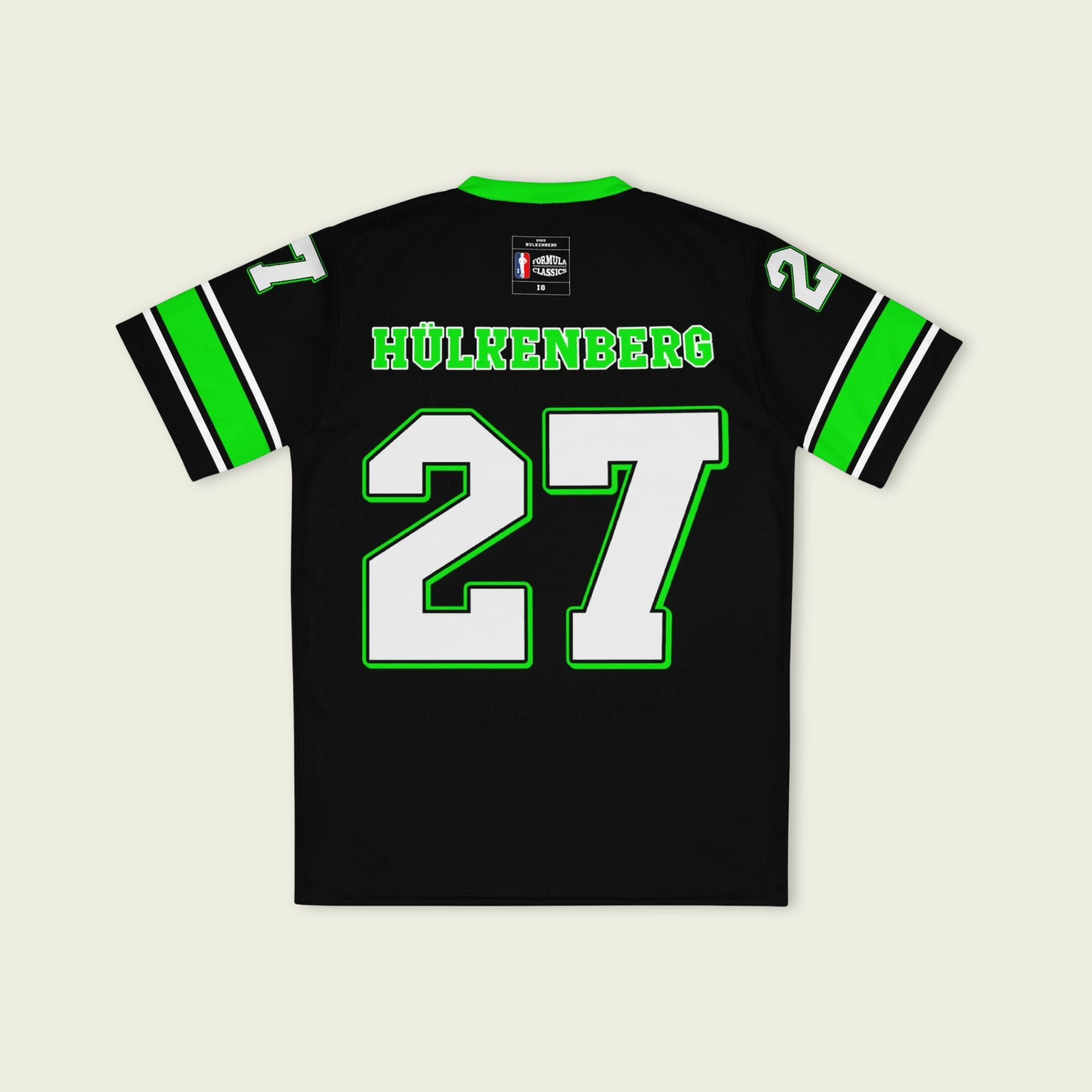 A black and highlight green football jersey with Nico Hülkenberg's Kick Stake F1 racing number 27 on the front and back in green.