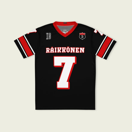 A black and red football jersey with Kimi Raikkonen's Ferrari F1 Racing number 7 on the front and back.