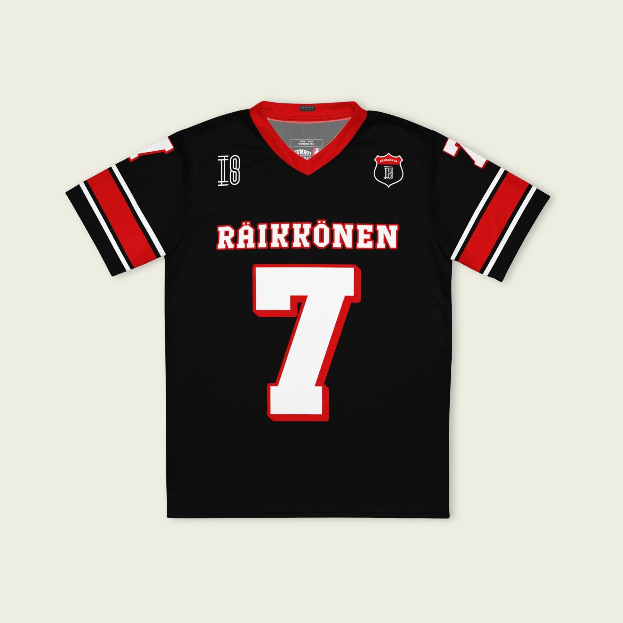 A black and red football jersey with Kimi Raikkonen's Ferrari F1 Racing number 7 on the front and back.