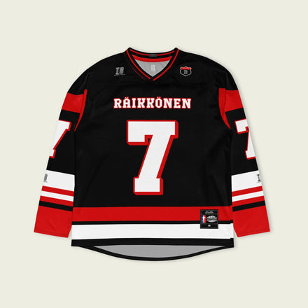 A black and red hockey jersey with Kimi Raikkonen's Ferrari F1 racing number 7 on the front and back in white, also the name Raikkonen is on the back and front in White.