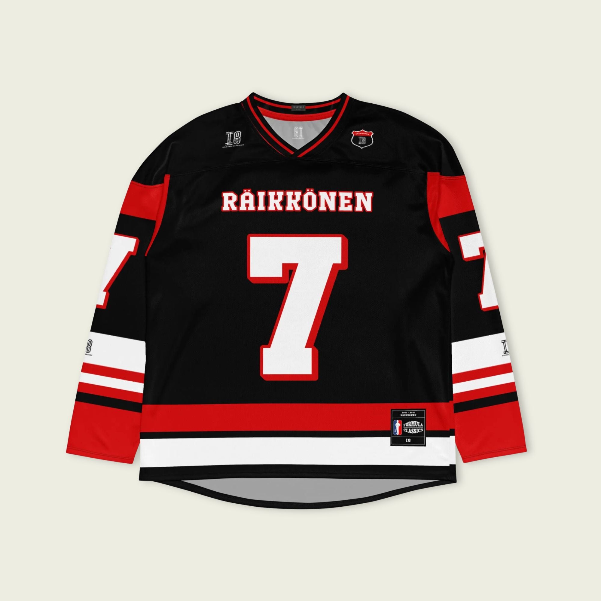 A black and red hockey jersey with Kimi Raikkonen's Ferrari F1 racing number 7 on the front and back in white, also the name Raikkonen is on the back and front in White.