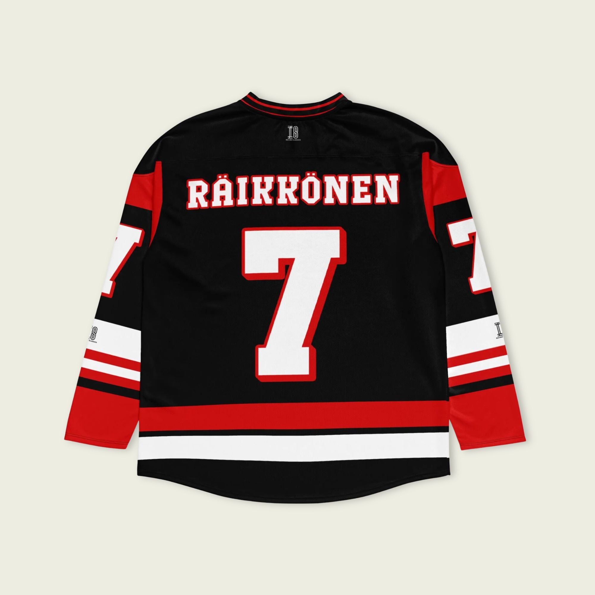 A black and red hockey jersey with Kimi Raikkonen's Ferrari F1 racing number 7 on the front and back in white, also the name Raikkonen is on the back and front in White.