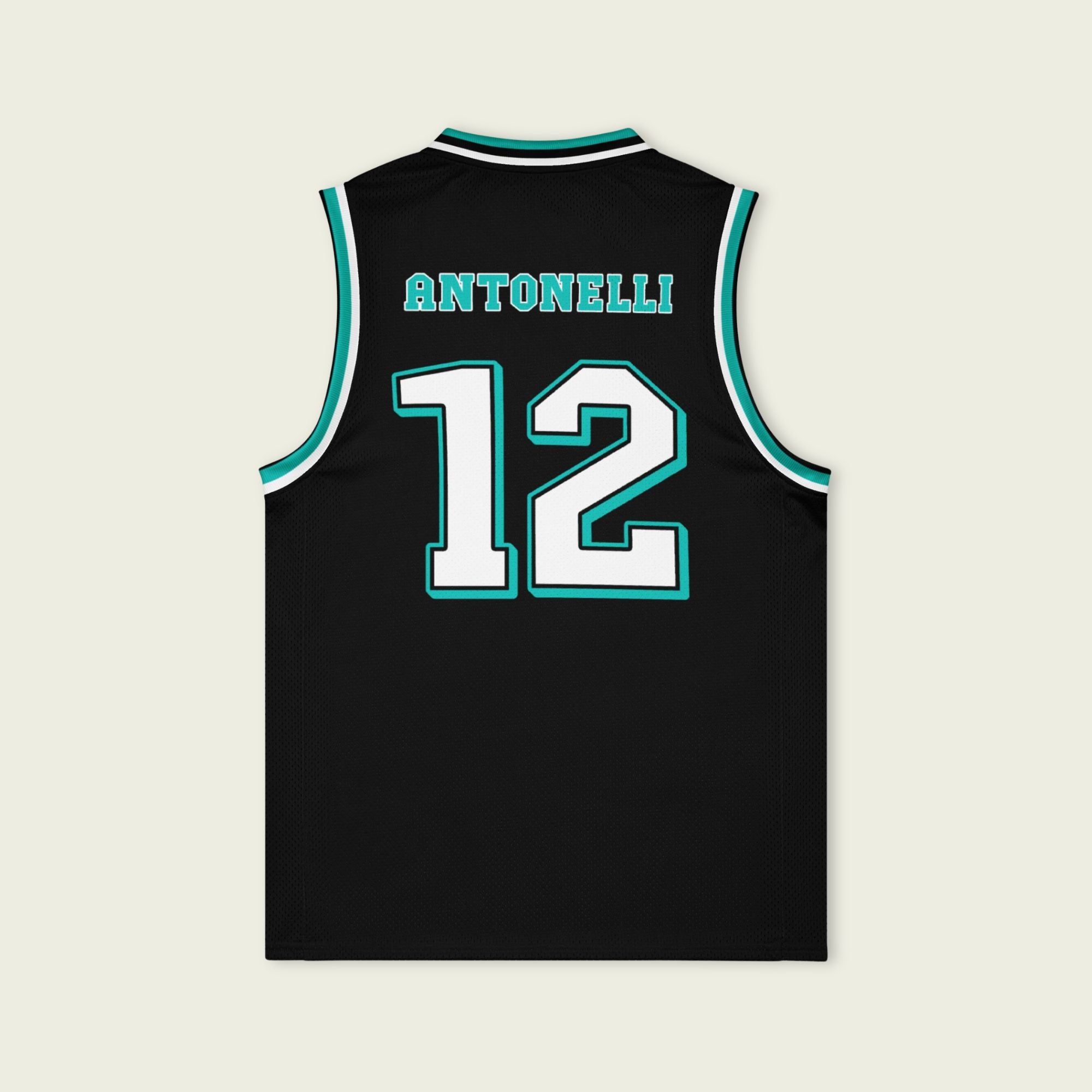 A black and green basketball Jersey with Kimi Antonelli's Mercedes F1 racing number 12 in white and green on the front and back.