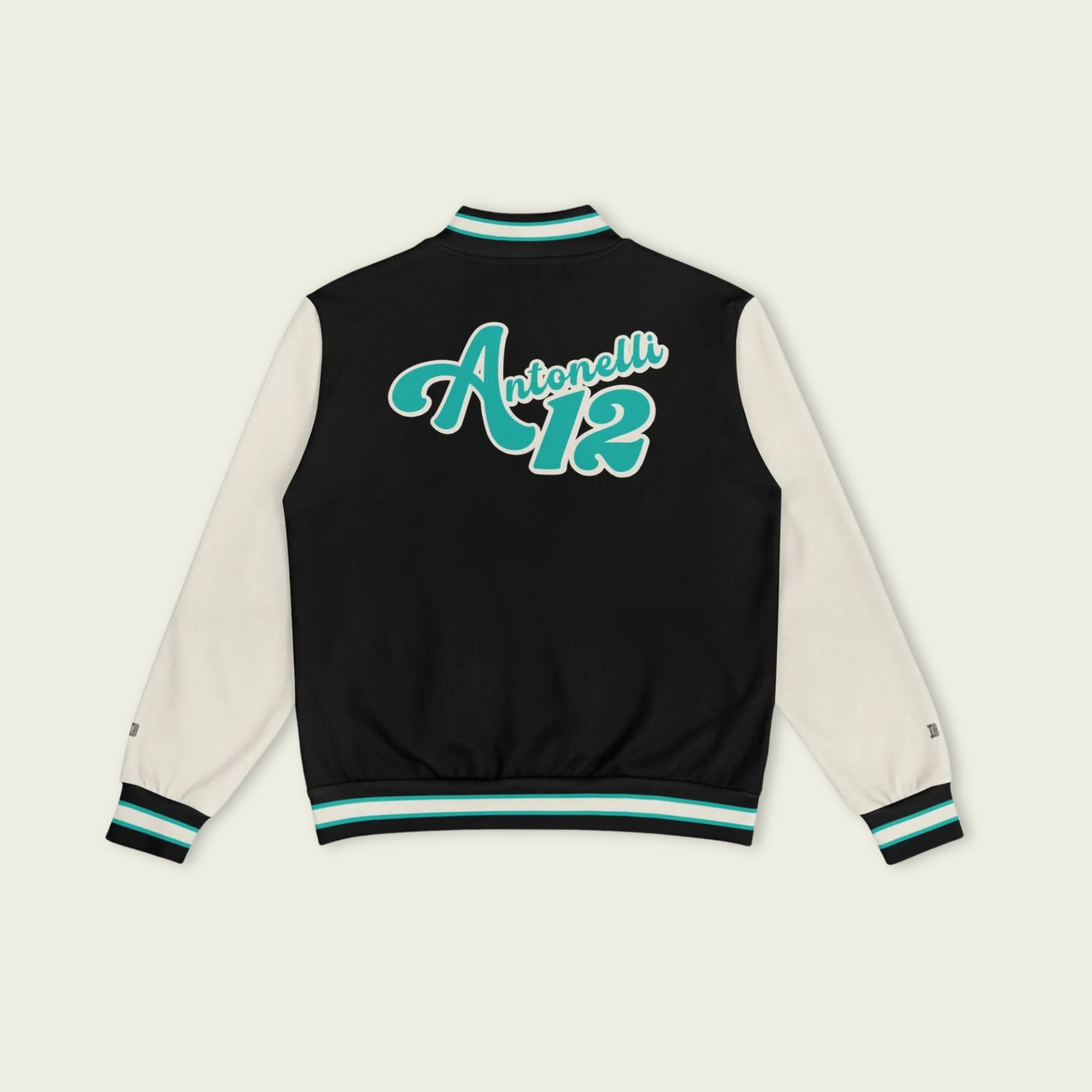 A navy petronas green, black, and tan, varsity jacket with Kimi Antonelli's Mercedes F1 racing number 12 in green on the front and back.