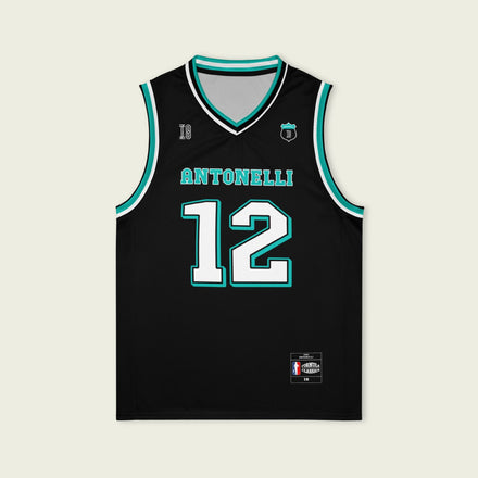 A black and green basketball Jersey with Kimi Antonelli's Mercedes F1 racing number 12 in white and green on the front and back.