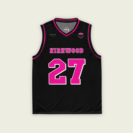 A black and pink basketball jersey with Kyle Kirkwood's Indycar racing number 27 on the front and back.