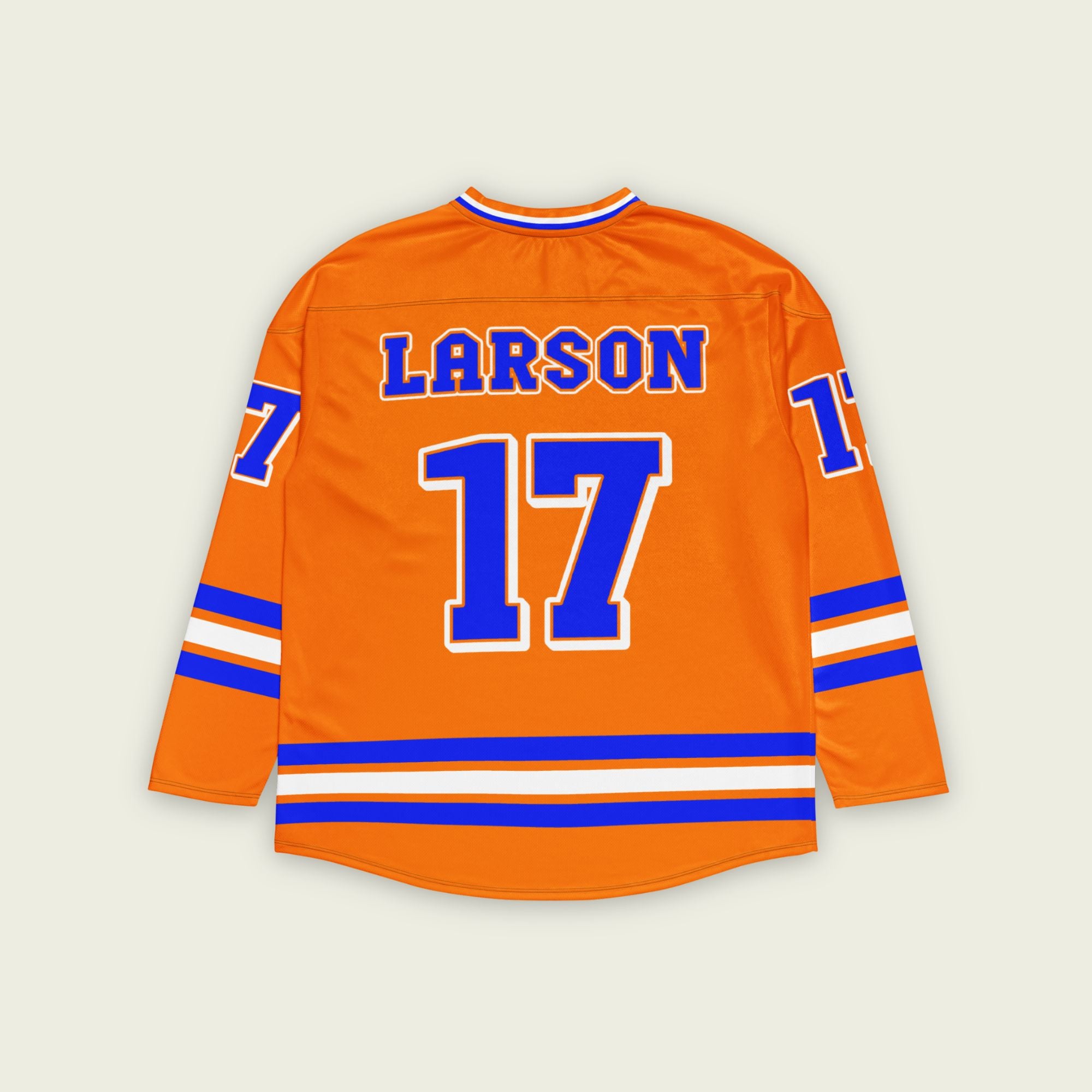 A orange and blye hockey jersey with Kyle Larson's indycar racing number 17 in blue with a white outline. The name larson is also on the front and back.