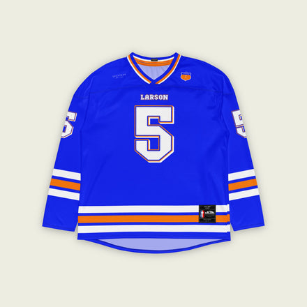 A blue hockey jersey with Kyle Larson's name on the front and back, with his nascar racing number in white on the back and front.