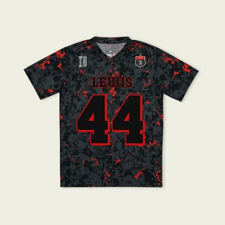 A camoflauge ferrari red and black digital camo styled football jersey with  Lewis Hamilton's Ferrari  F1 Racing number 44 on the front and back.