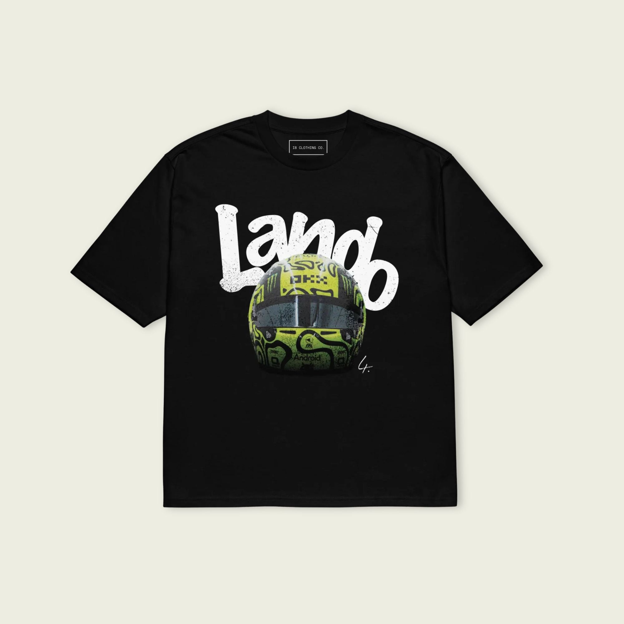 A black oversized TShirt with white text Lando on the front  and lando norris's neon green helmut on the front.