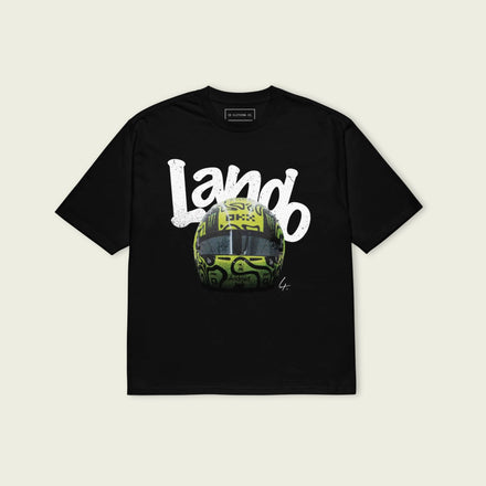 A black oversized TShirt with white text Lando on the front  and lando norris's neon green helmut on the front.