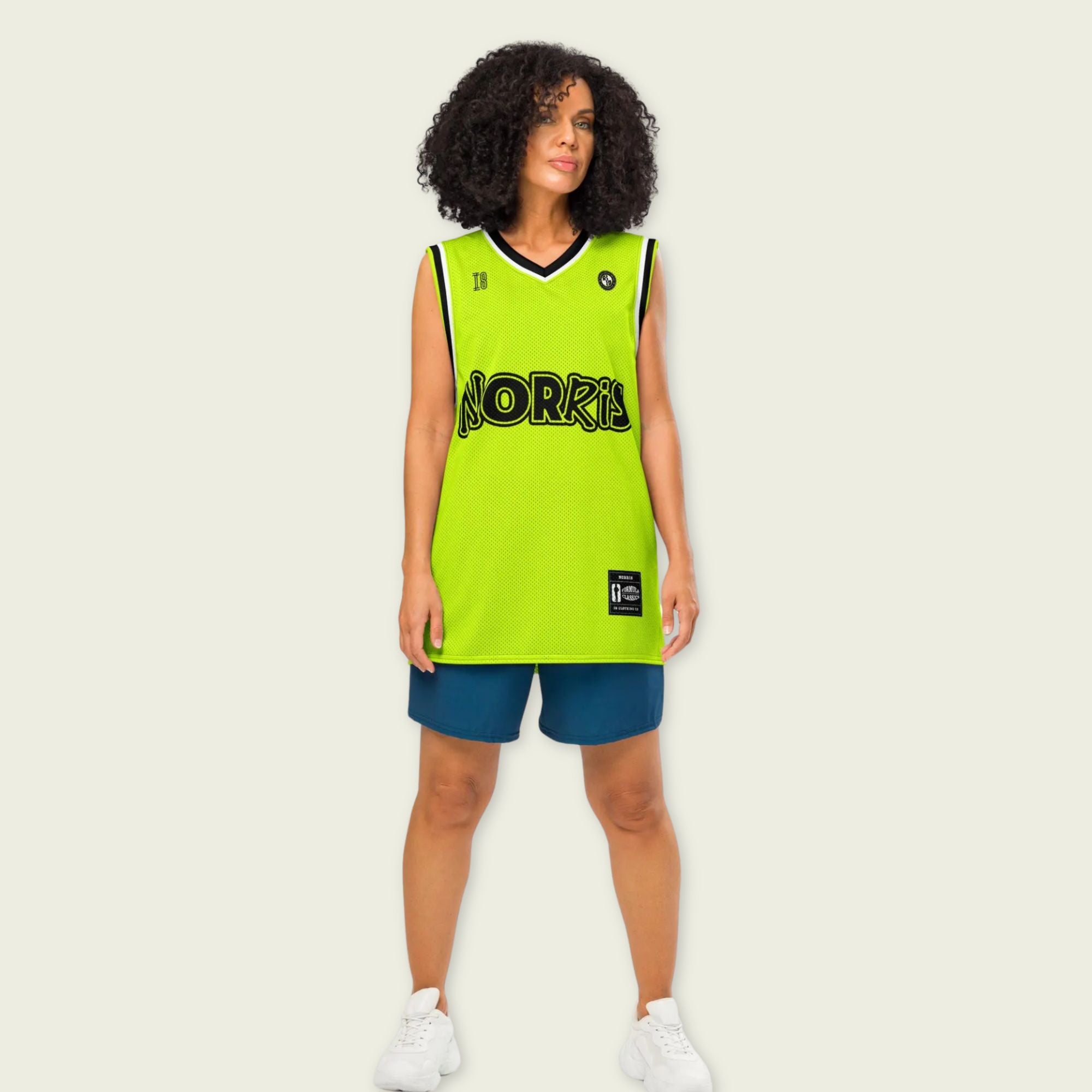 A neon green and black basketball Jersey with Lando Norris's McLaren F1 racing number 4 in balc and white on the back.