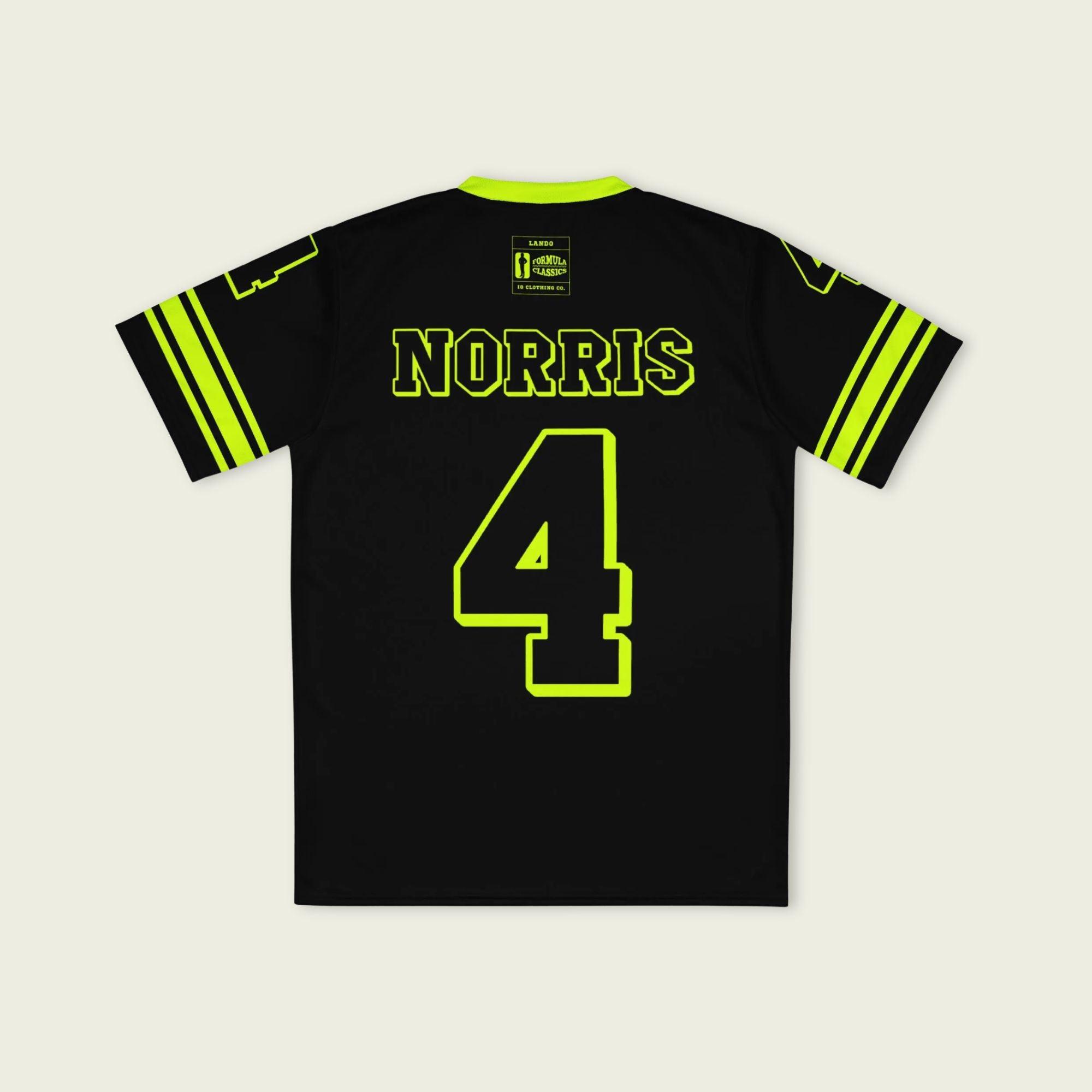 A neon green and black football jersey with Lando Norris's McLaren F1 racing number 4 on the back and front in black. It has the name Norris in black on the front and back as well.