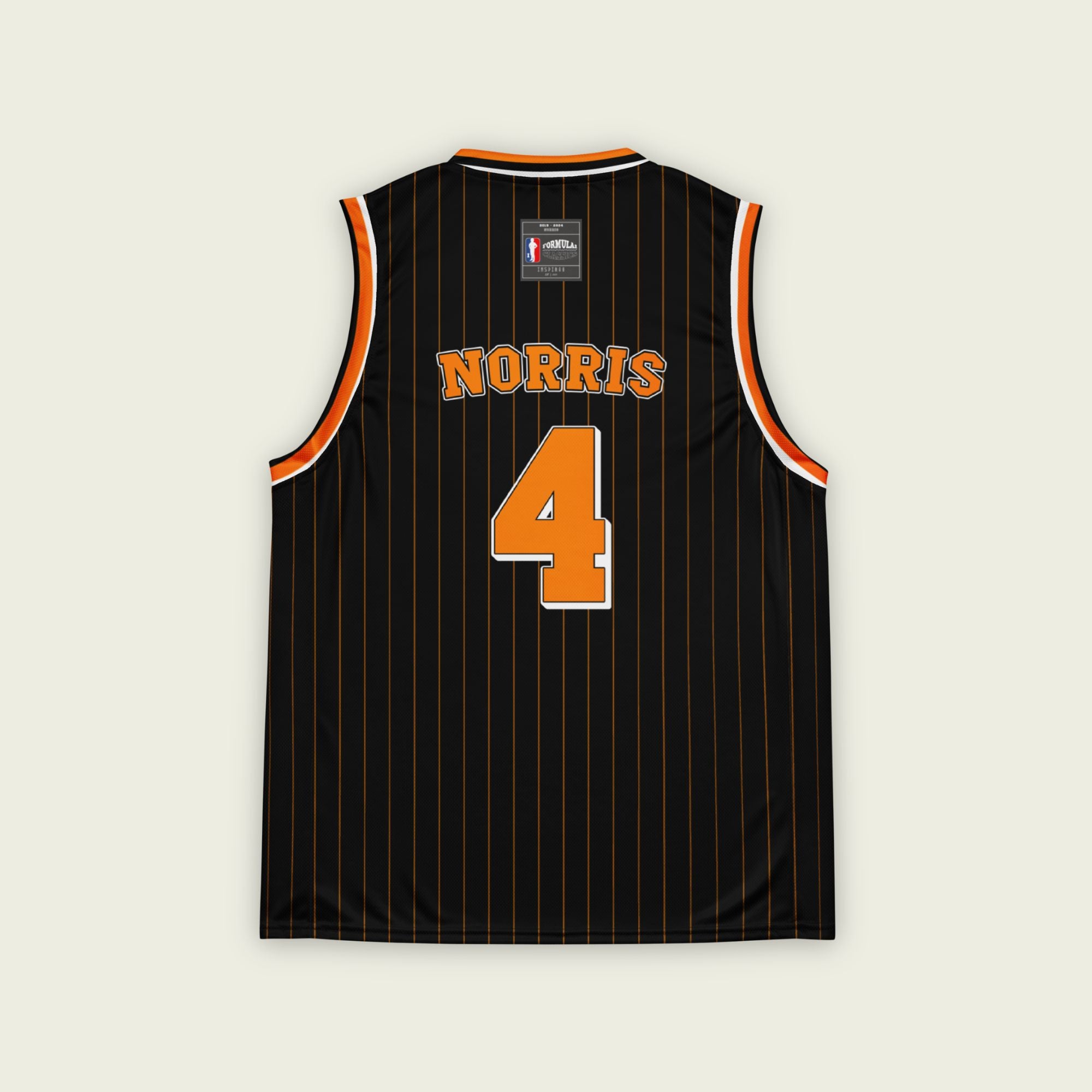 A black and papaya orange pin striped basketball Jersey with Lando Norris's McLaren F1 racing number 4 in orange on the front and back.